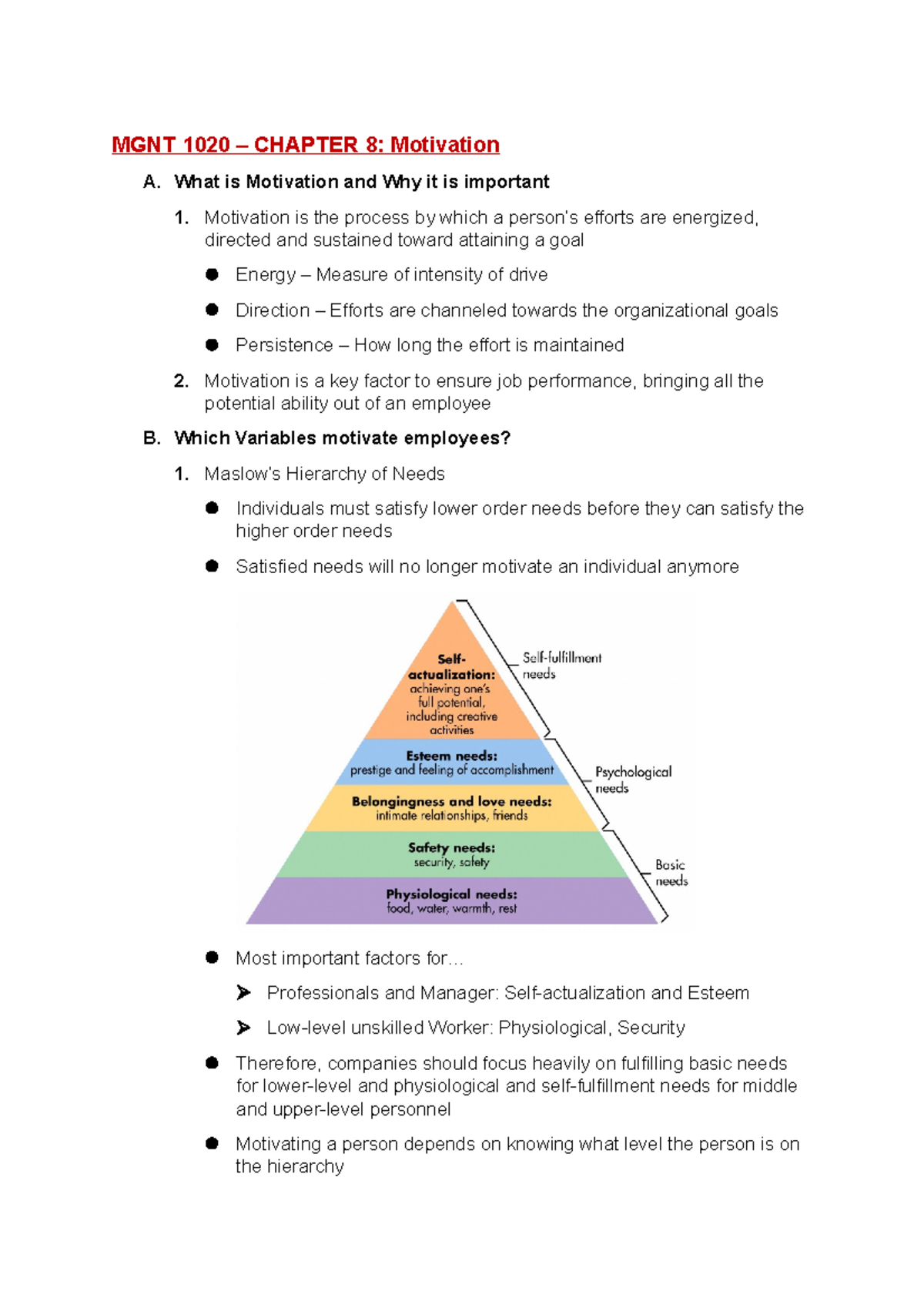 #8 - Motivation - Lecture notes 8 - MGNT 1020 – CHAPTER 8: Motivation A ...