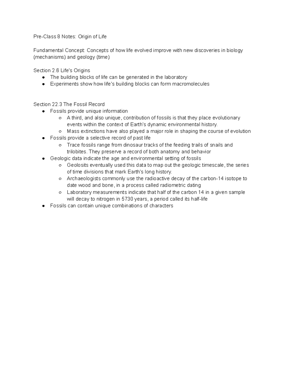 Pre-class 8 Notes Origin Of Life - Pre-class 8 Notes: Origin Of Life 