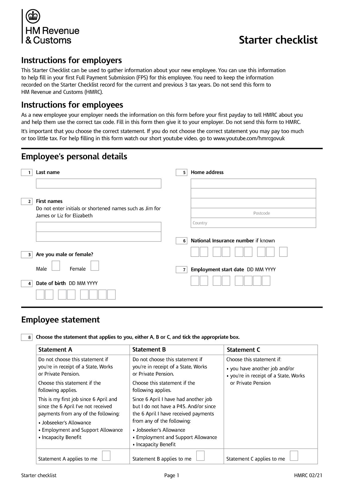 Hmrc Starter Checklist P46 2021 2022 Starter Checklist Instructions For Employers This Starter 5680