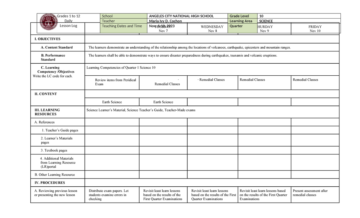 DLL week 8 Q1 - Daily lesson plan - MONDAY Nov 6 TUESDAY Nov 7 ...