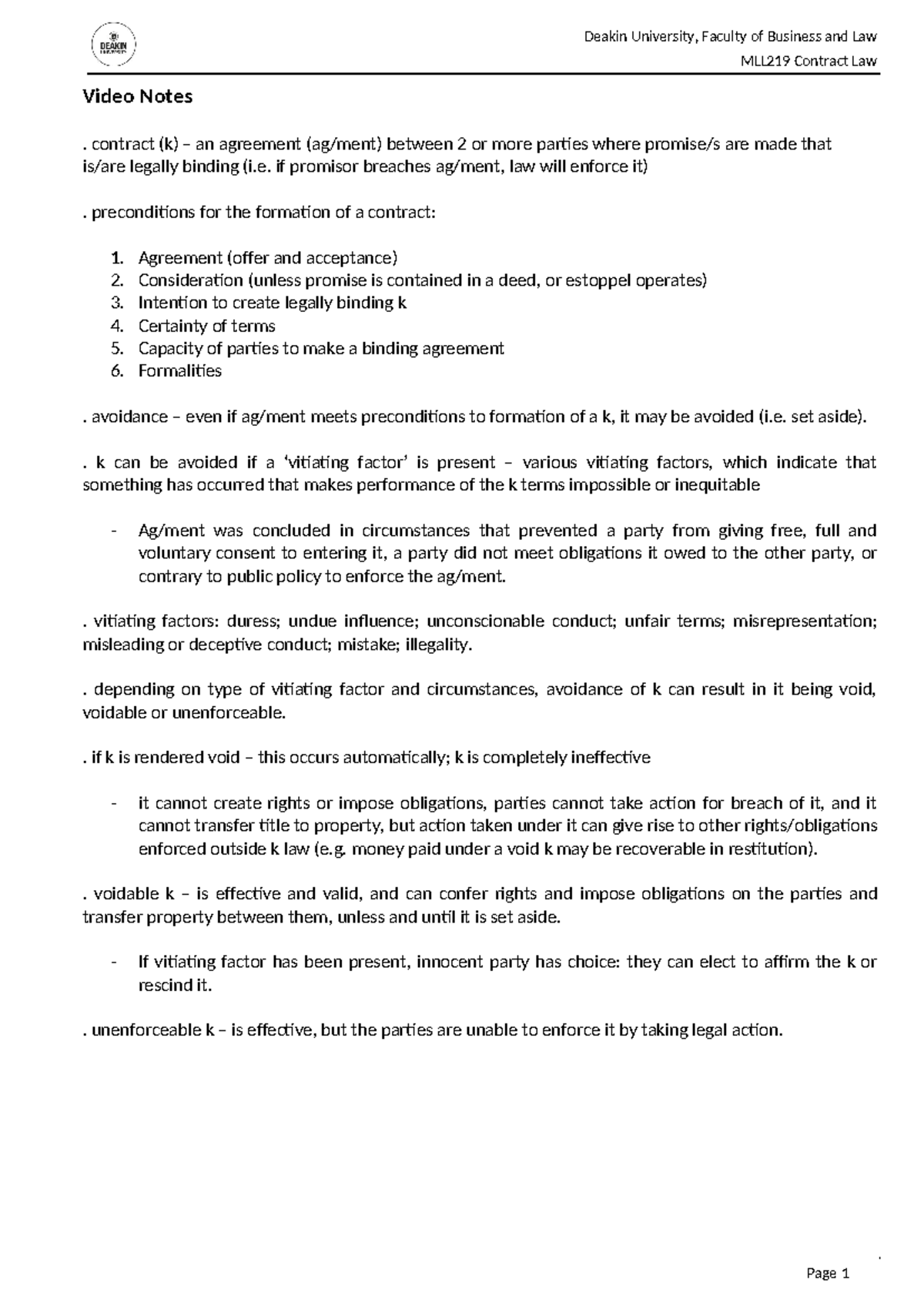 Notes - contract (k) – an agreement (ag/ment) between 2 or more parties ...