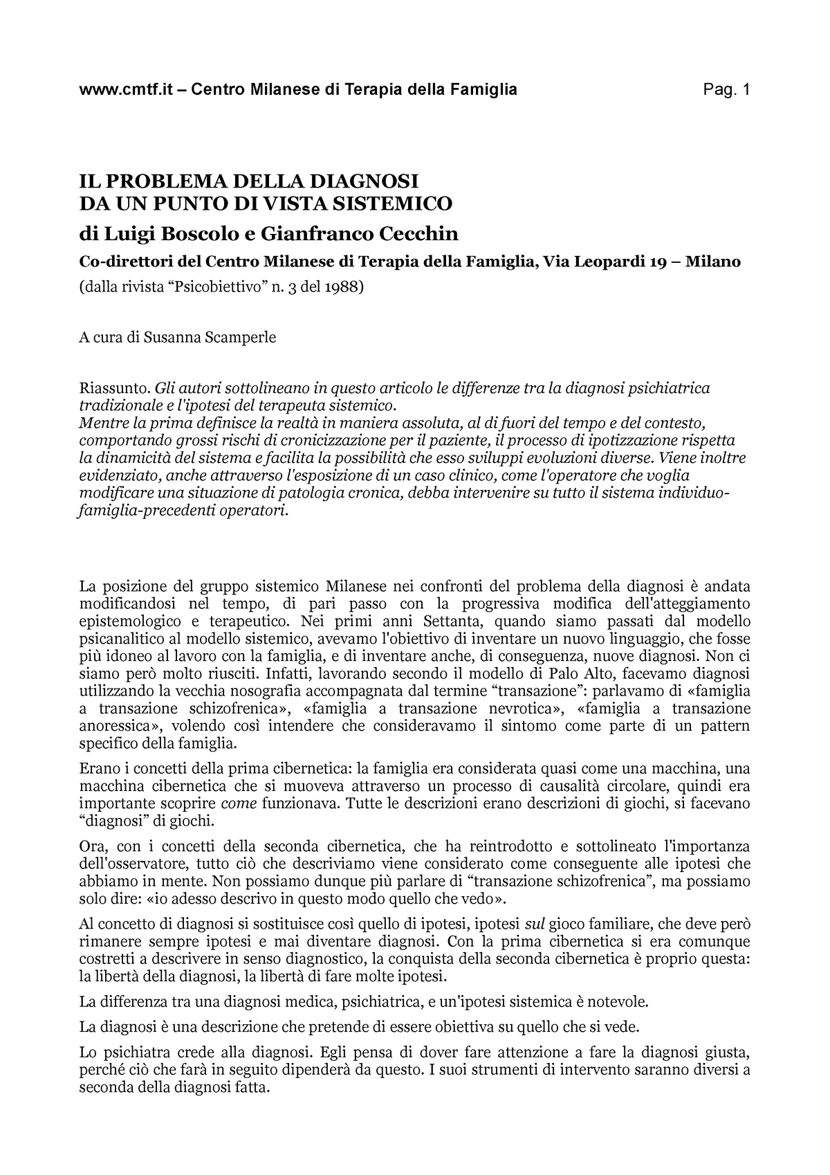 Luigi Boscolo Gianfranco Cecchin Il problema della diagnosi da un punto ...