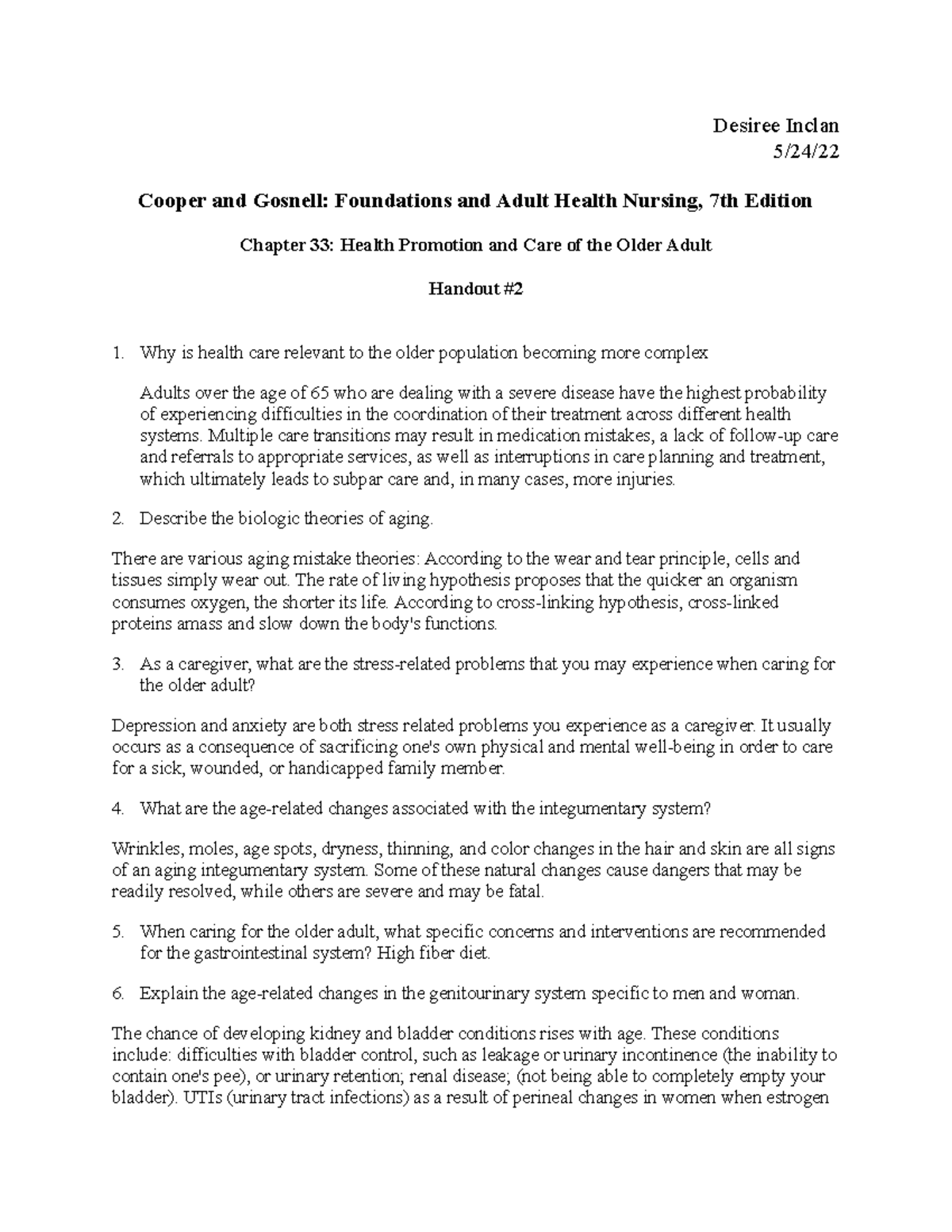 Care of Older Adult Handout Desiree Inclan 5/24/ Cooper and Gosnell