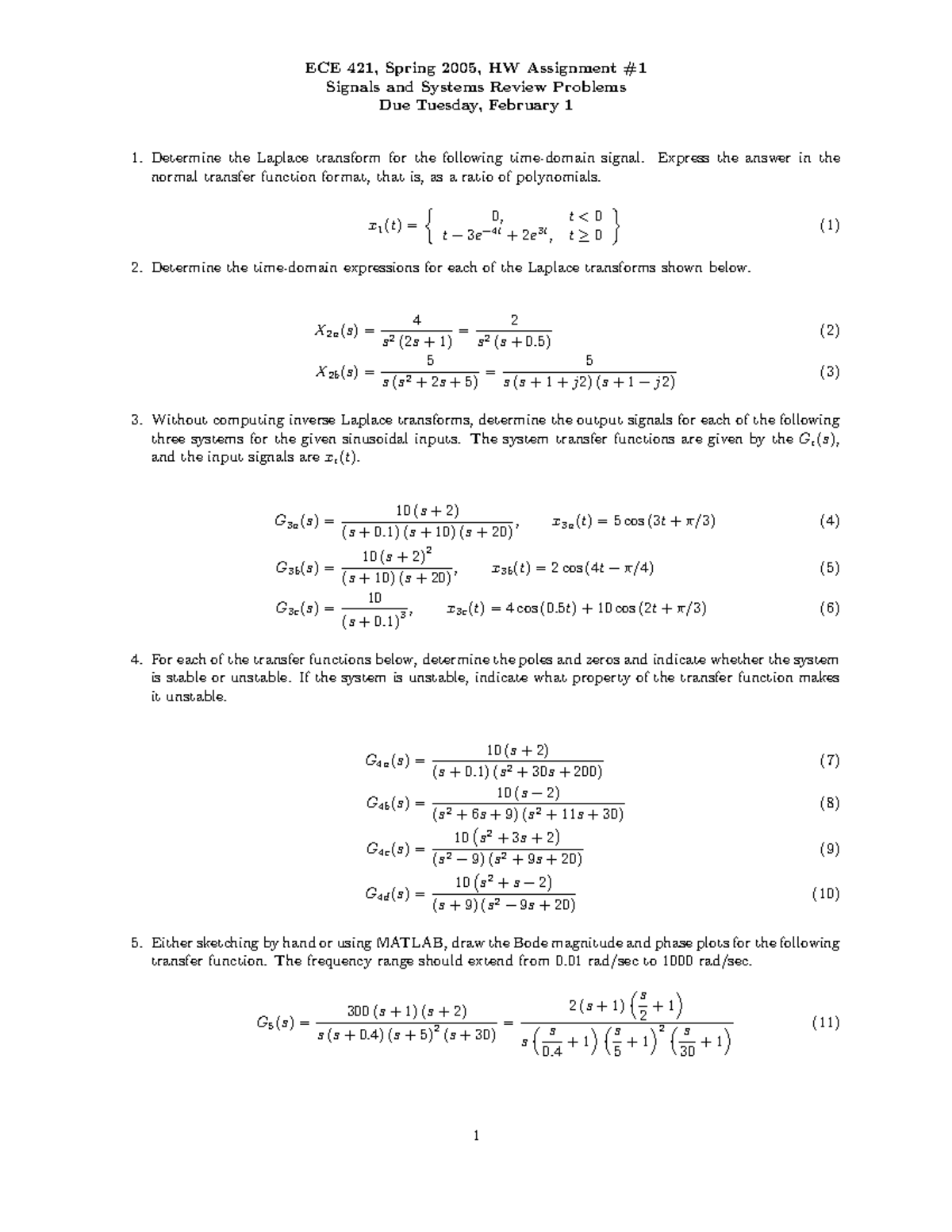 Homework Assignment 1 - ECE 421, Spring 2005, HW Assignment # Signals ...