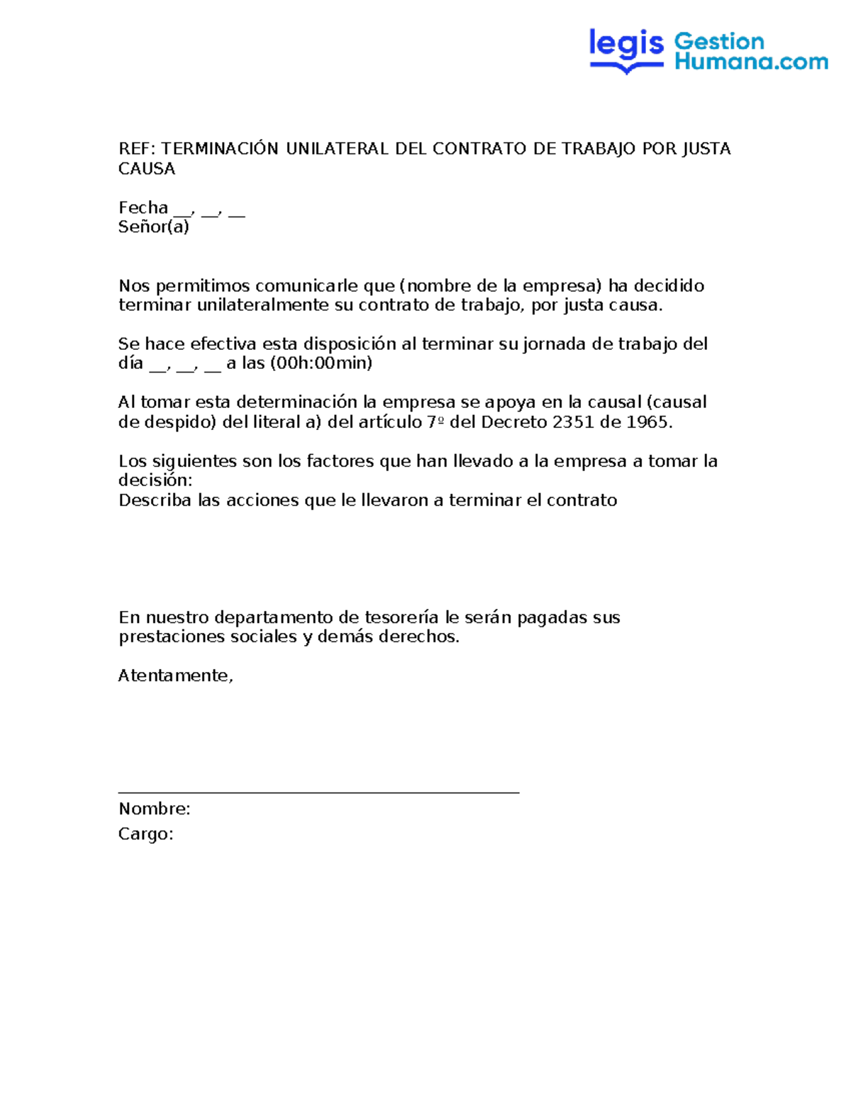 17115 Modelo De Carta Para La Terminación Del Contrato Por Justa Causa Ref TerminaciÓn 7427