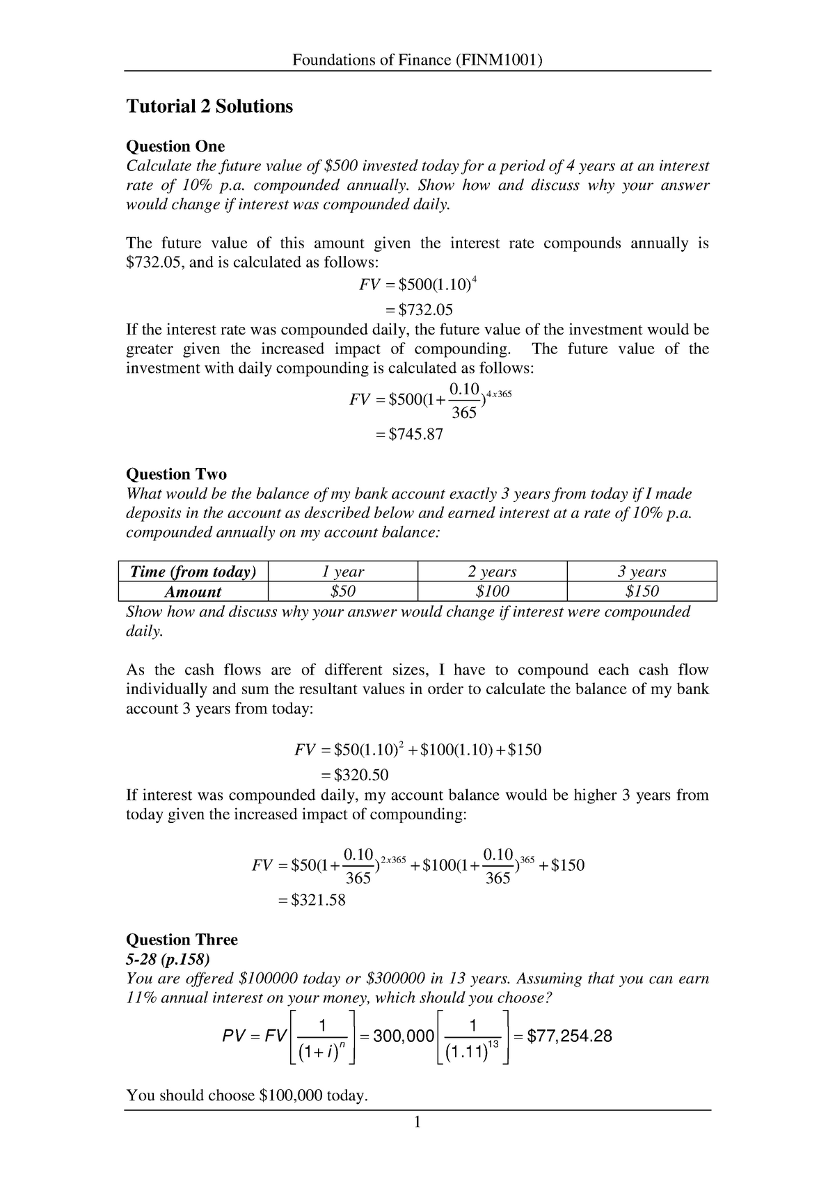 Tutorial 2 Solutions - Foundations Of Finance (FINM1001) Tutorial 2 ...