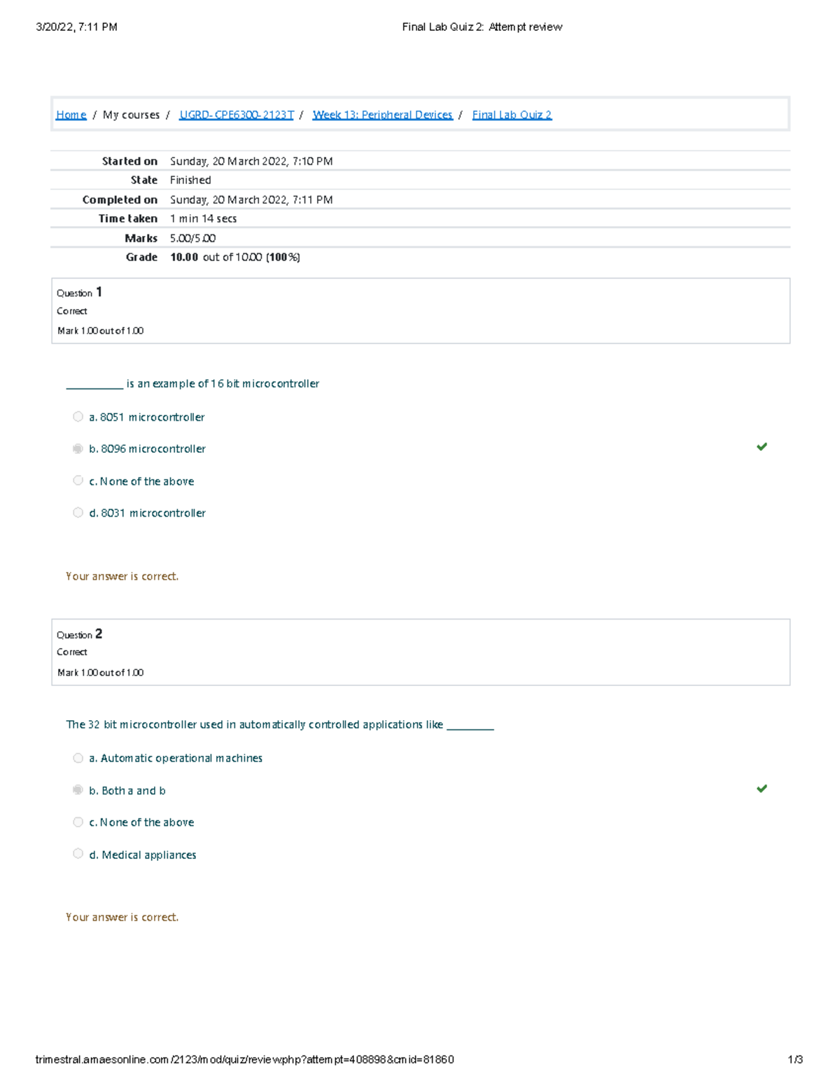 Final Lab Quiz 2 Attempt review - 3/20/22, 7:11 PM Final Lab Quiz 2 ...