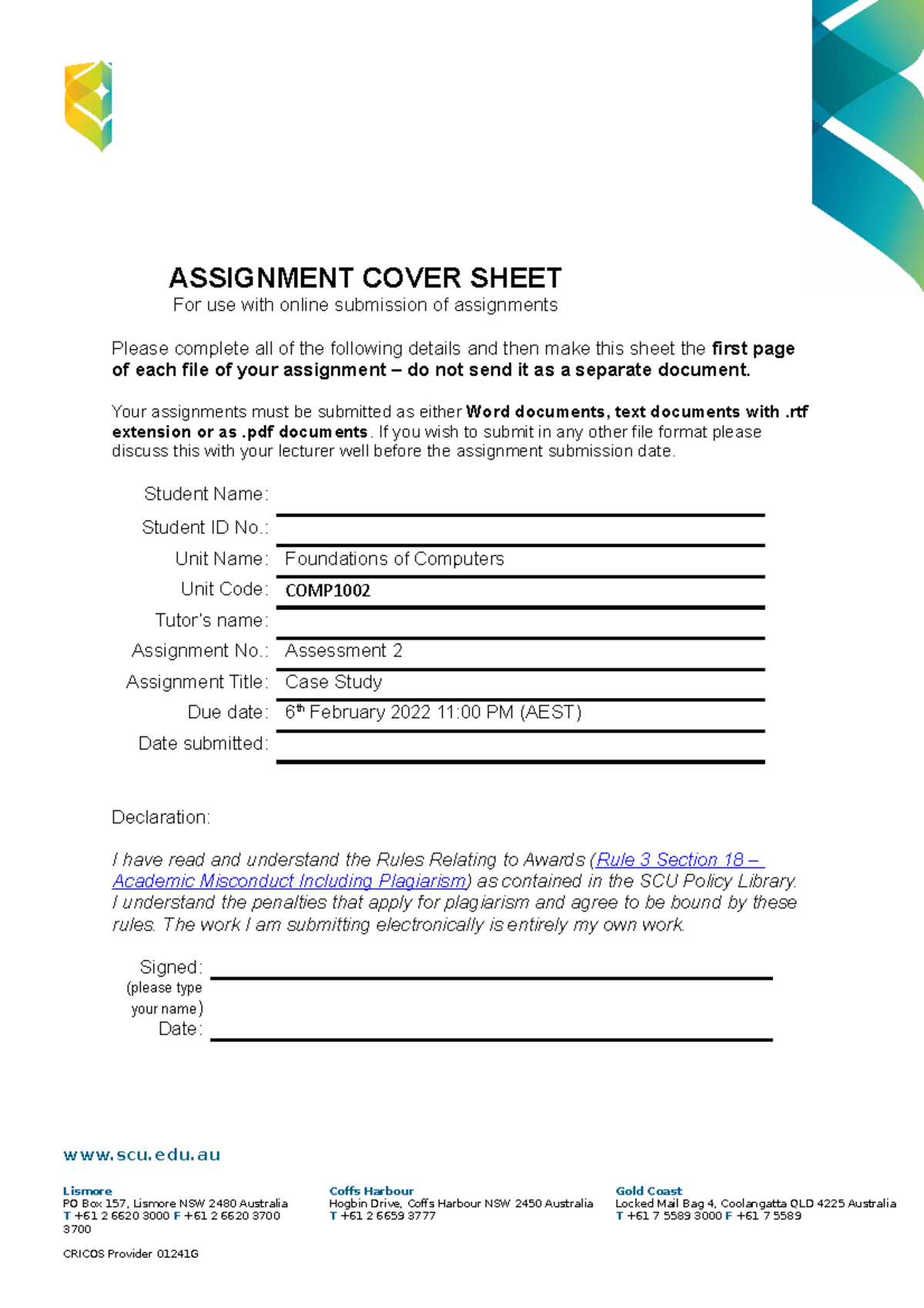 First Initial Last Name COMP1002 A2 - ASSIGNMENT COVER SHEET For use ...