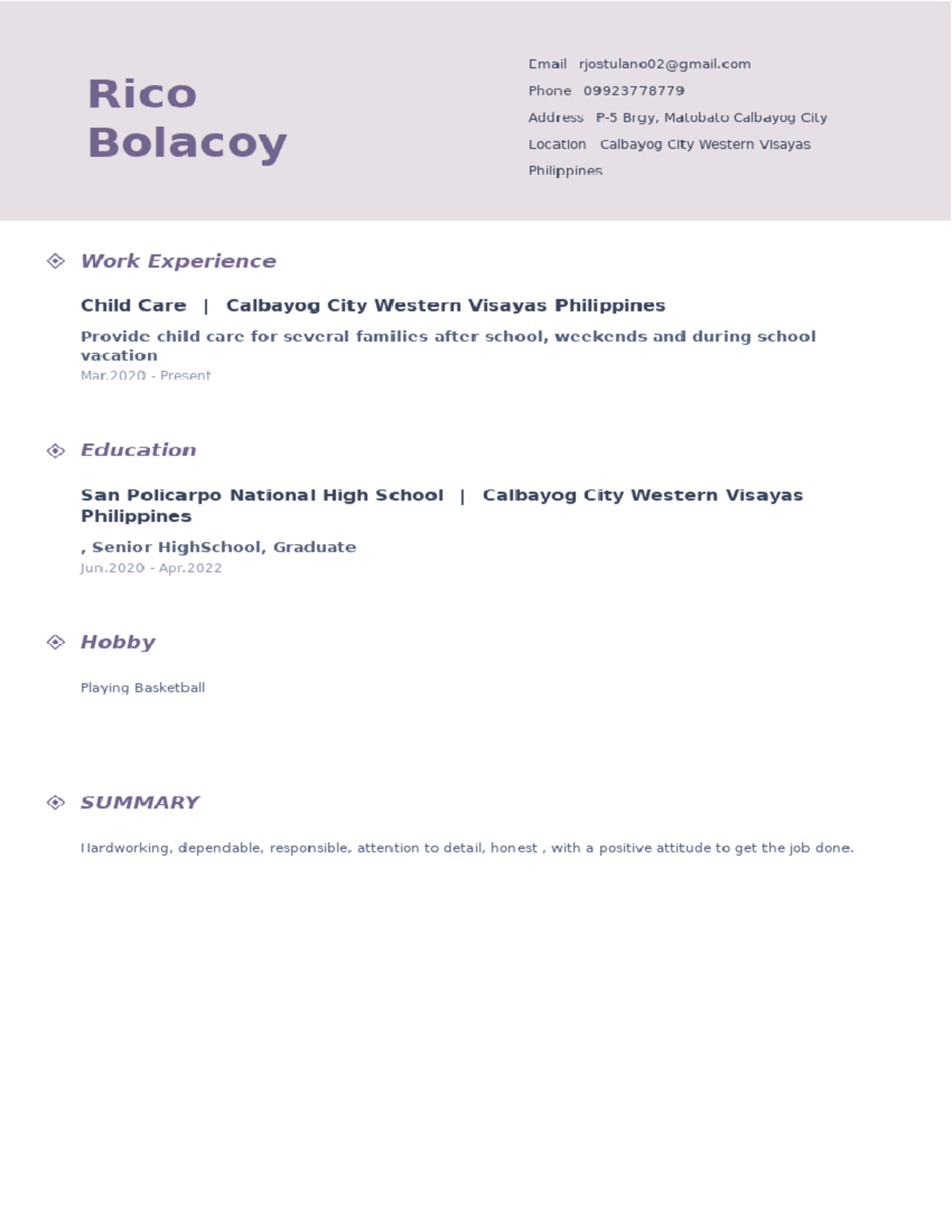 Rico Resume - Summary Liebestrasse - Email Rico Phone 09923778779 ...