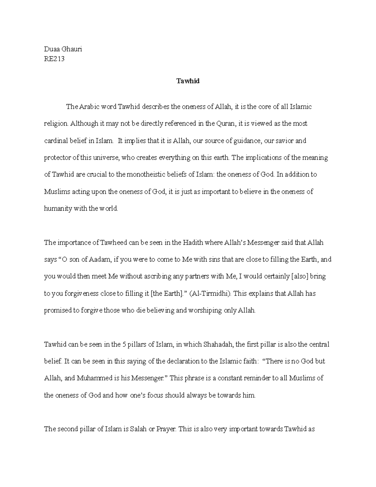 Tawhid Short Essay - Duaa Ghauri RE Tawhid The Arabic word Tawhid ...