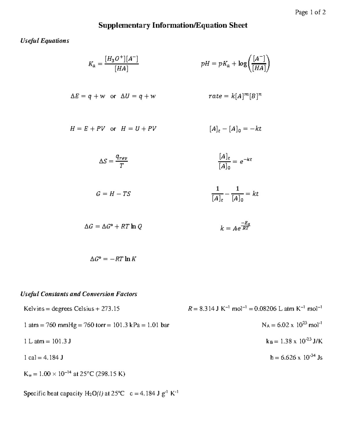 2020W2 Chem123 Formula Sheet - Page 1 of 2 Supplementary Information ...