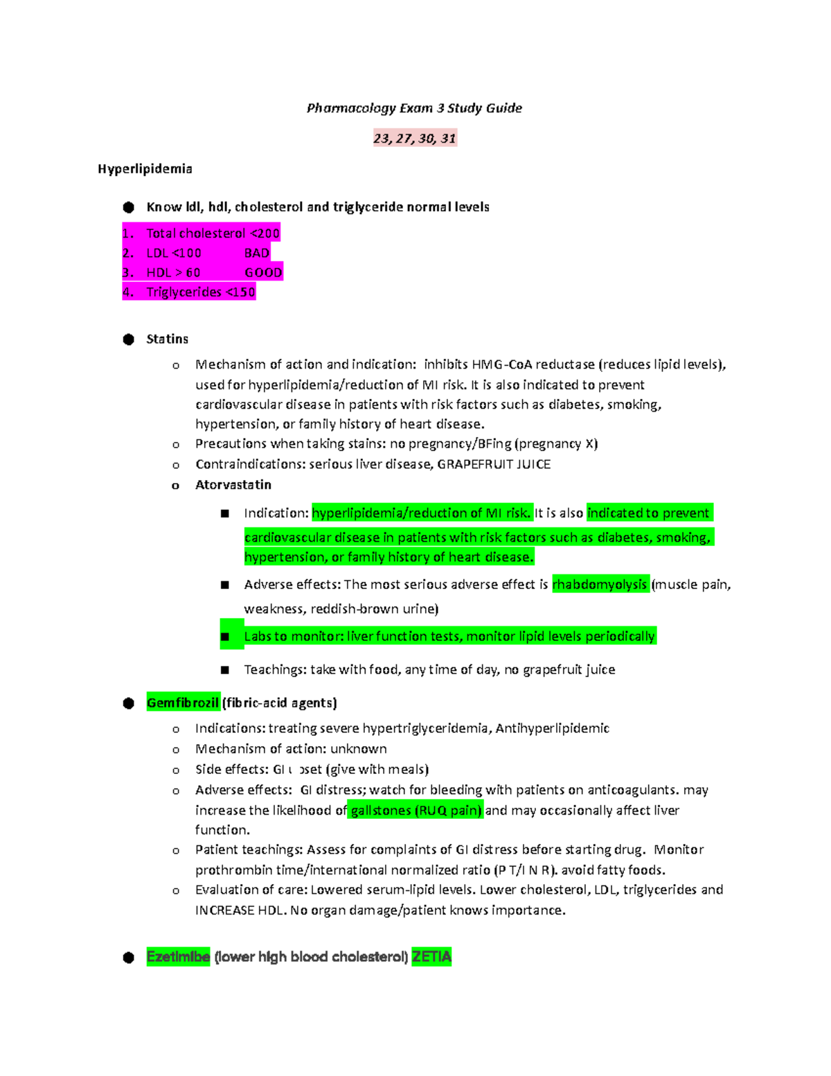 Pharmacology Exam 3 - Exam 3 - Pharmacology Exam 3 Study Guide 23, 27 ...