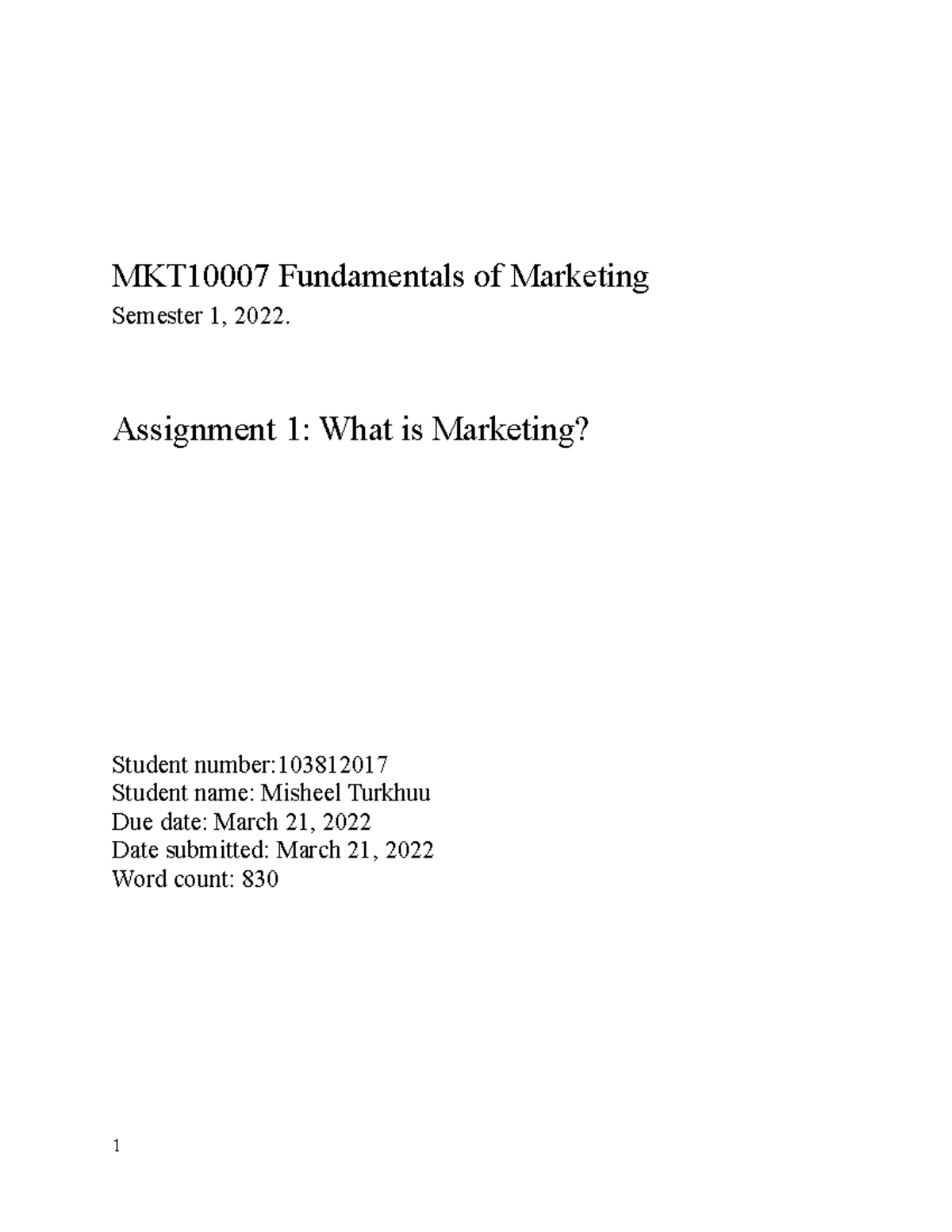 Assignment 1- Fundamentals of marketig - MKT10007 Fundamentals of ...