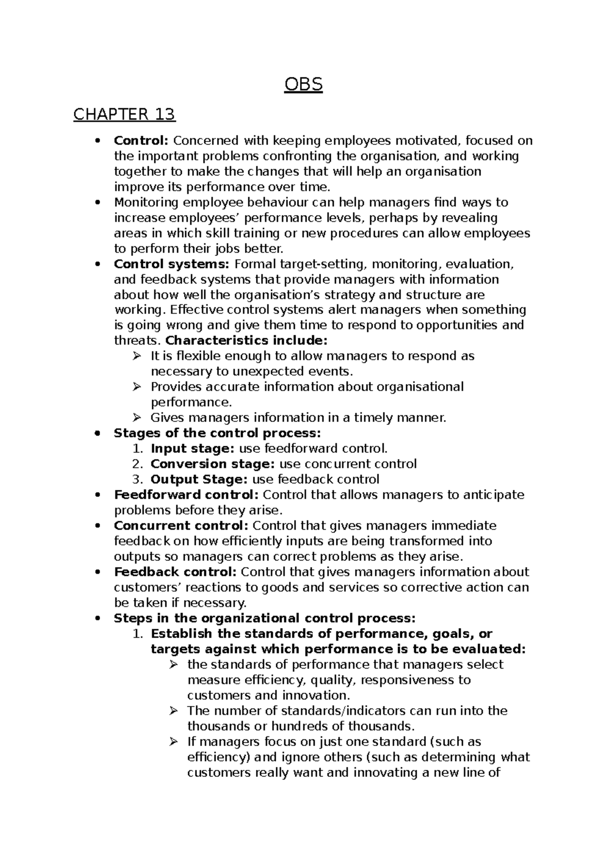 Chapter 13 notes - OBS CHAPTER 13 Control: Concerned with keeping ...