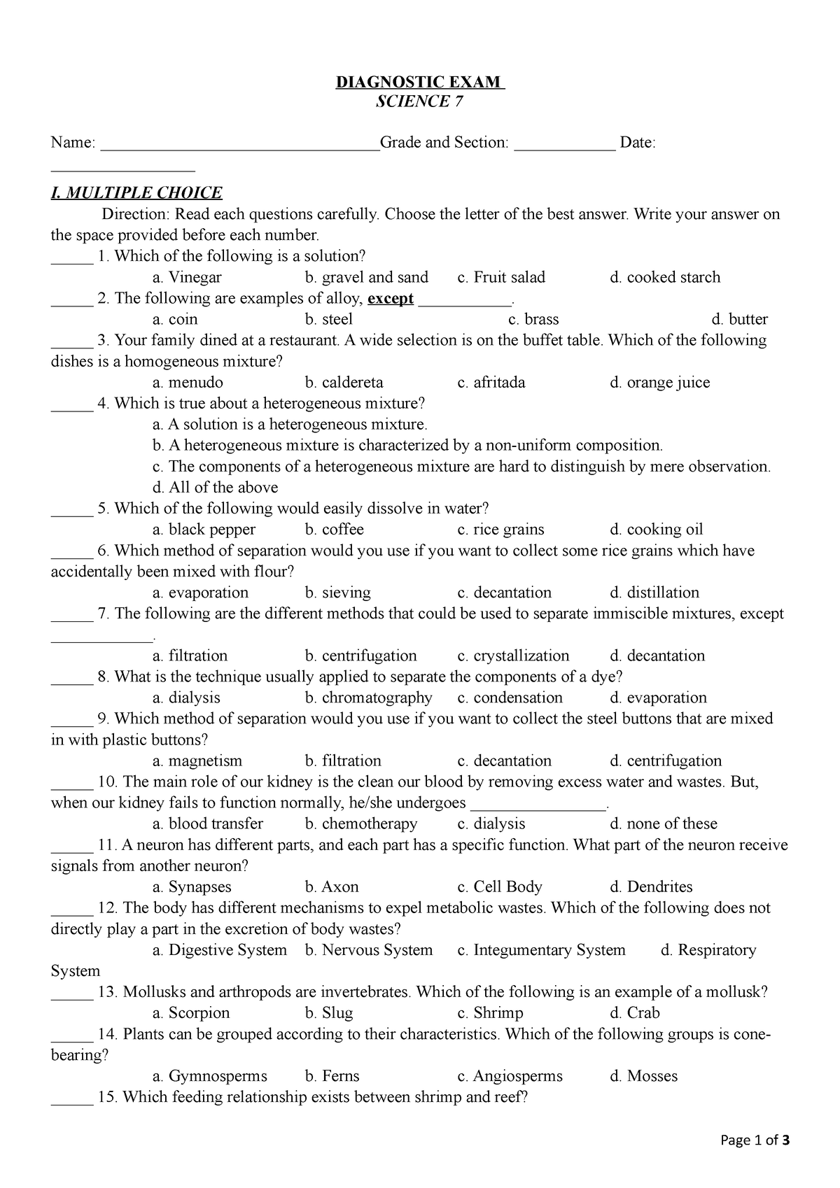 Diagnostic EXAM Science 7 - DIAGNOSTIC EXAM SCIENCE 7 Name