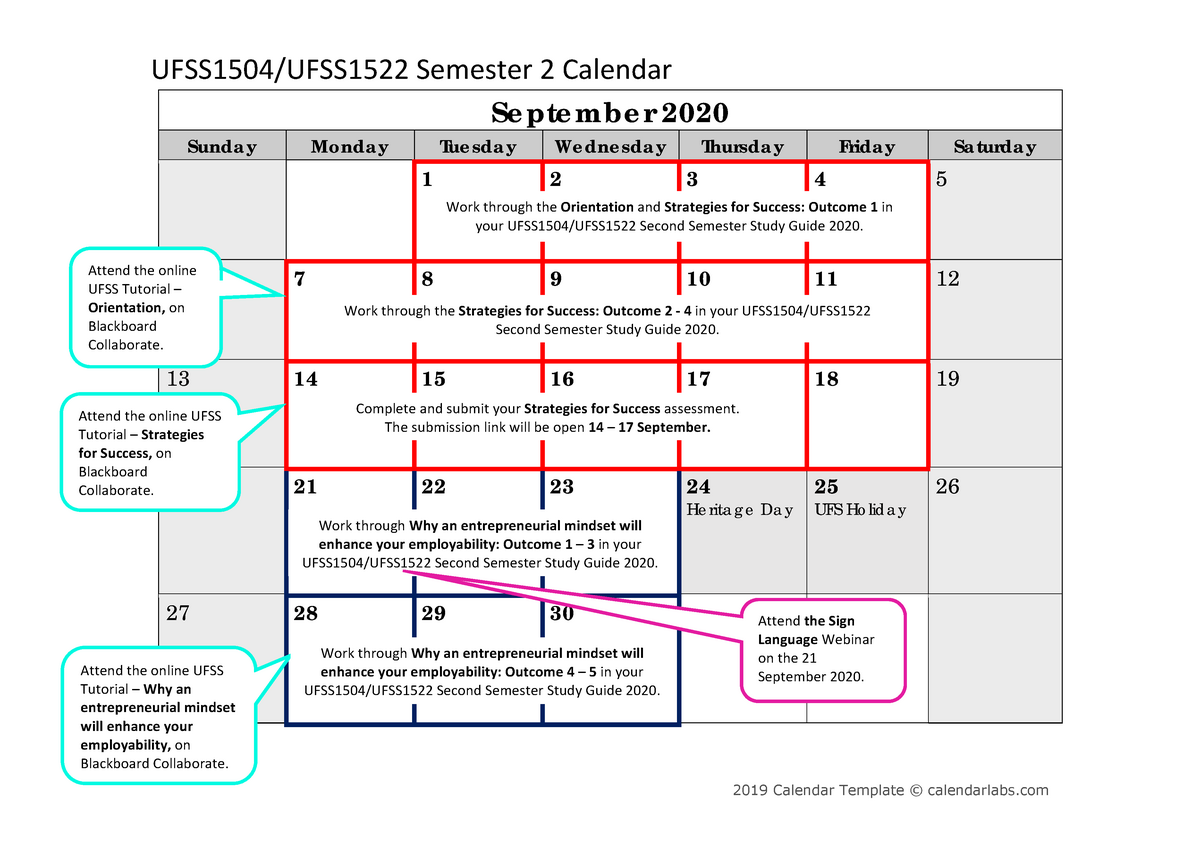 UFSS Semester 2 Student Calendar 2020 BFN UFSS1504/UFSS1522 Semester