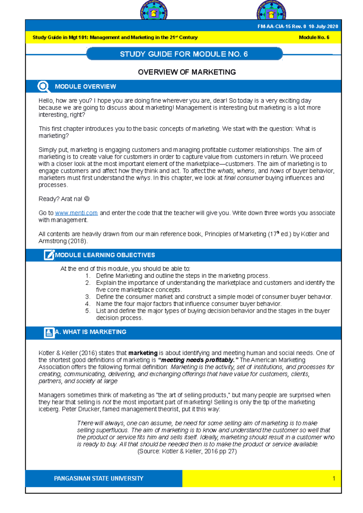 Mgt 101 Sg-6- Study Guide Number 6 - Overview Of Marketing Module 