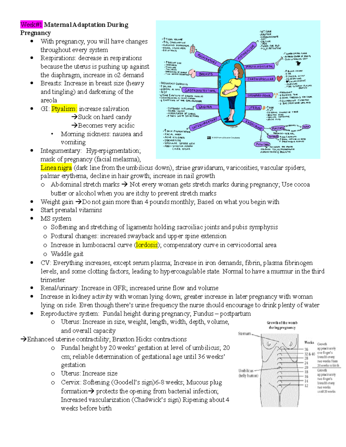 OB Notes Week1&2 - Week#1 Maternal Adaptation During Pregnancy With ...