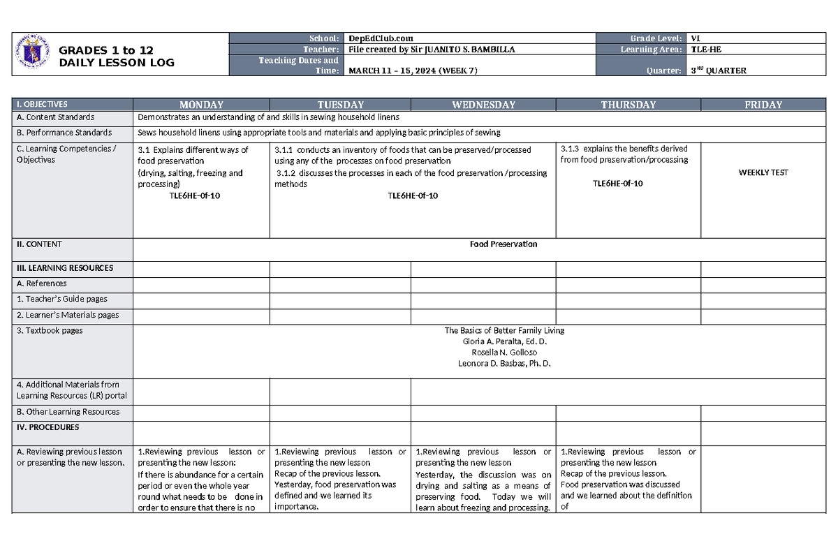 DLL TLE-HE 6 Q3 W7 - GRADES 1 to 12 DAILY LESSON LOG School: DepEdClub ...