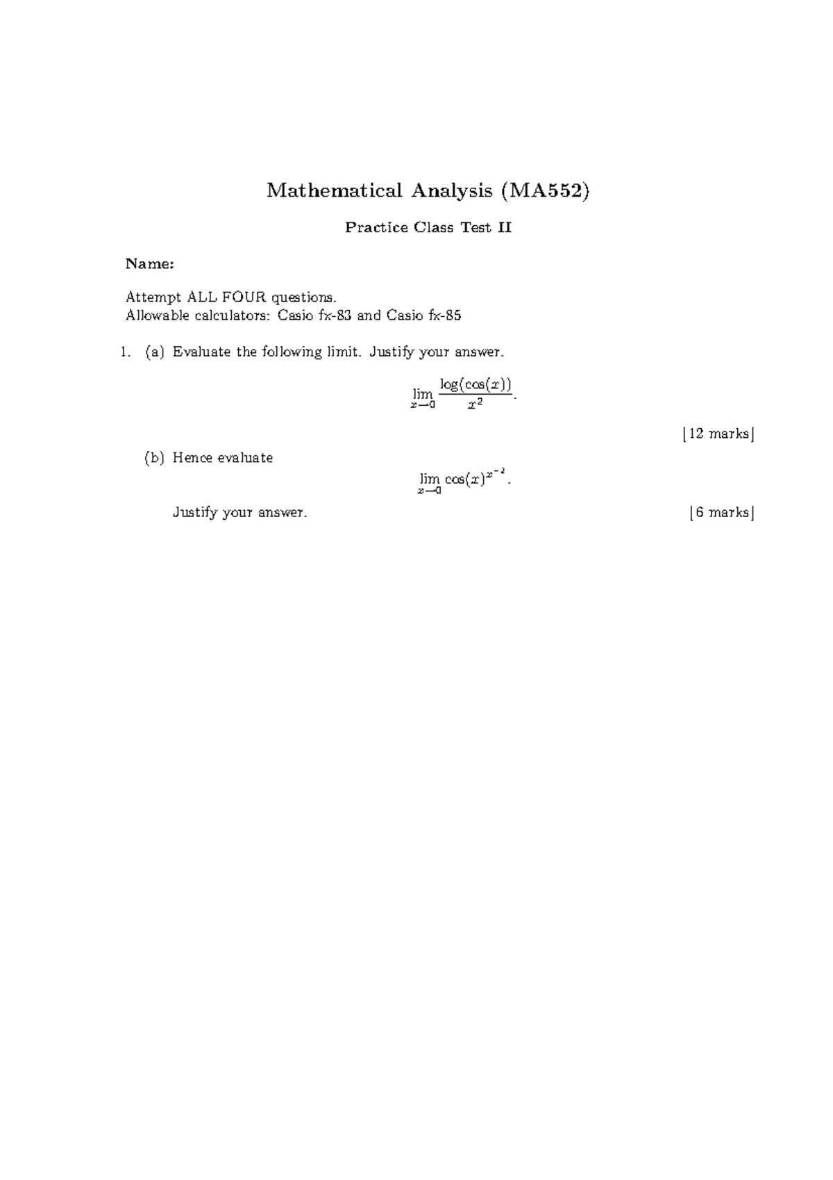 MA552 2010-2011 Practice Class Test 2 - Mathematical Analysis (MA552 ...