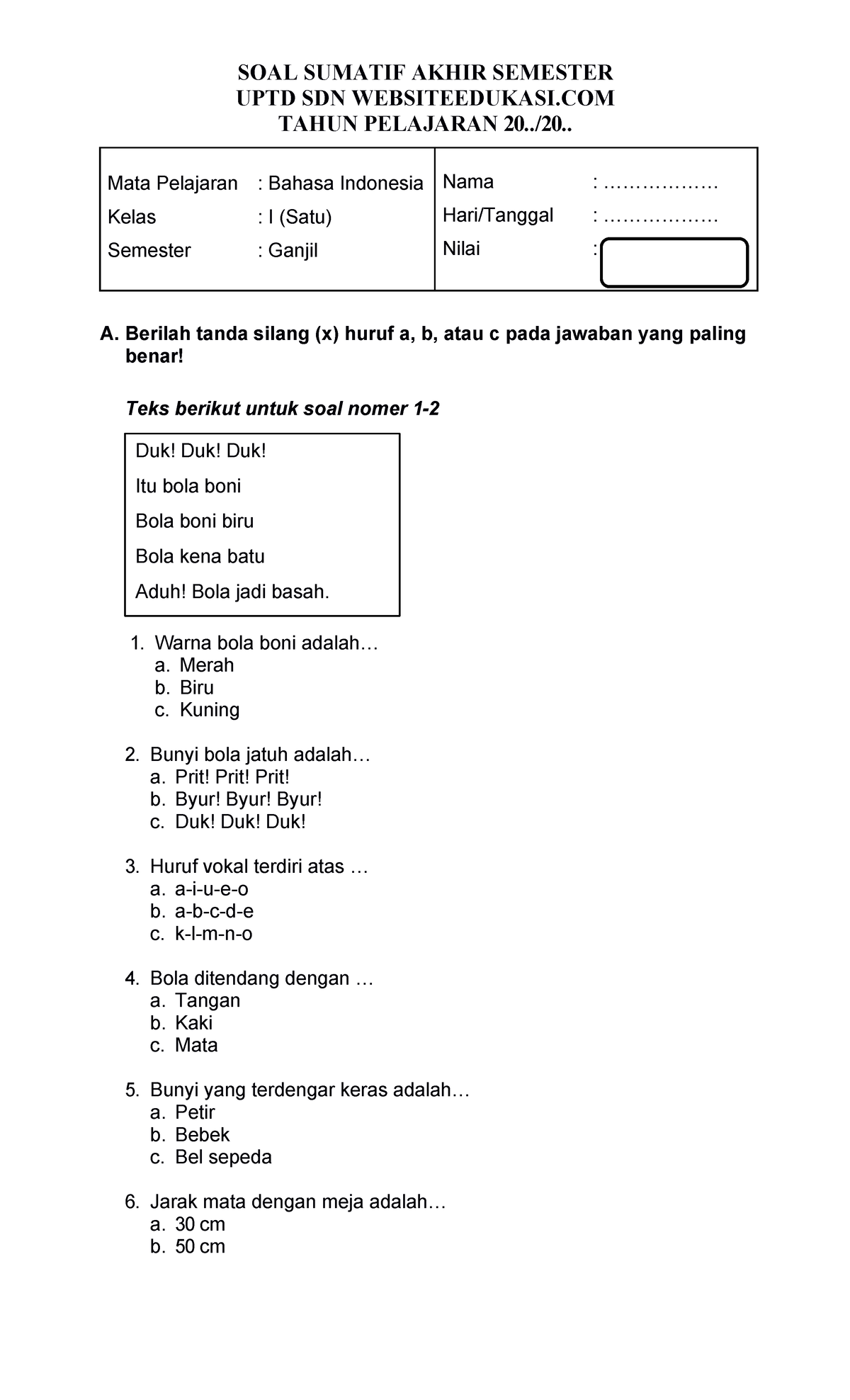 Soal Sas 1 B Indonesia Kelas 1 Websiteedukasi Duk Duk Duk Itu