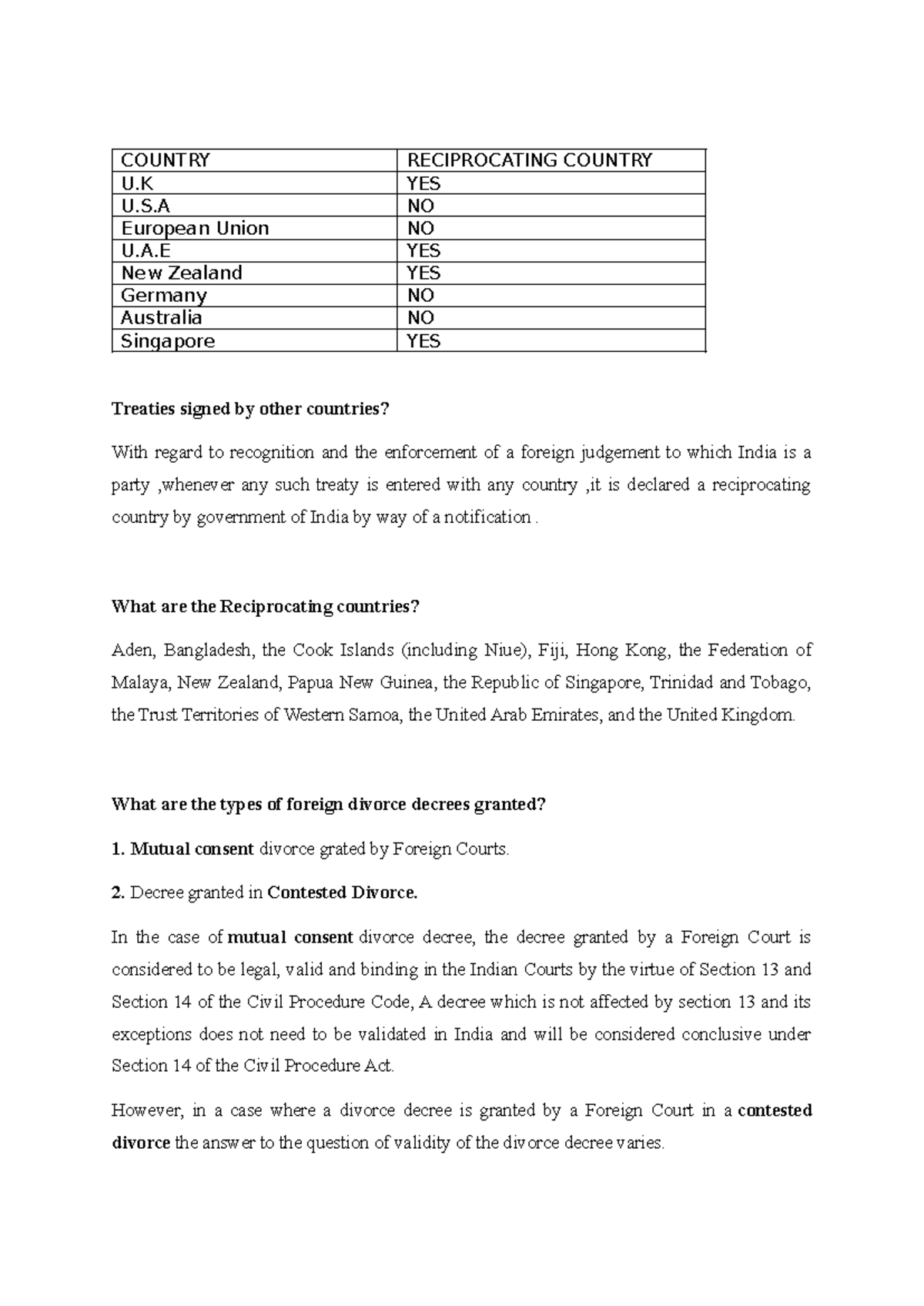 Validity of a foreign divorce decree - COUNTRY RECIPROCATING COUNTRY U ...