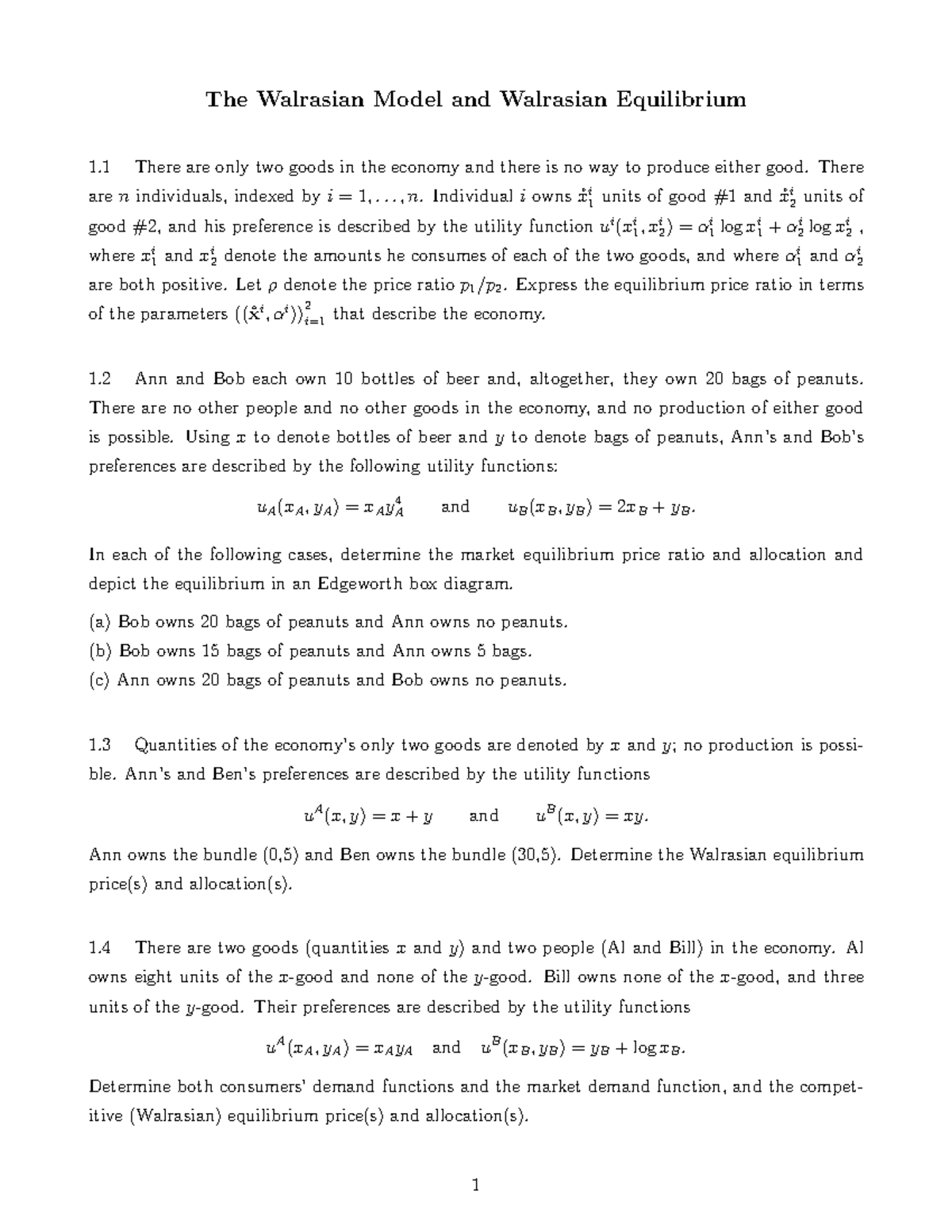 Walrasian Exercises - The Walrasian Model And Walrasian Equilibrium 1 ...