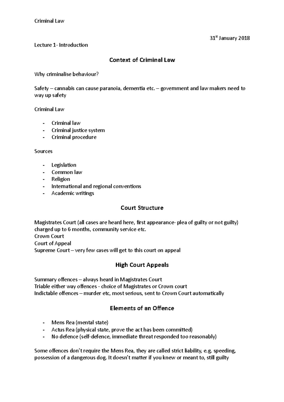 L1, Introduction - Lecture notes 1 - Criminal Law 31st January 2018 ...