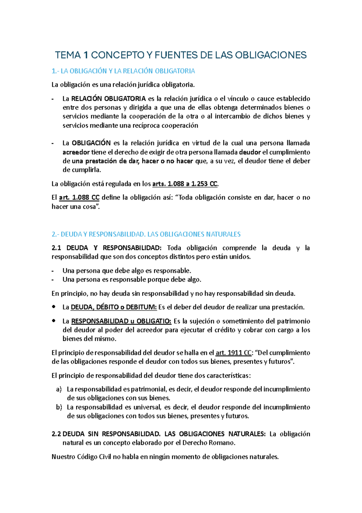 TEMA 1 Y 2 Civil - TEMA 1 CONCEPTO Y FUENTES DE LAS OBLIGACIONES 1.- LA ...