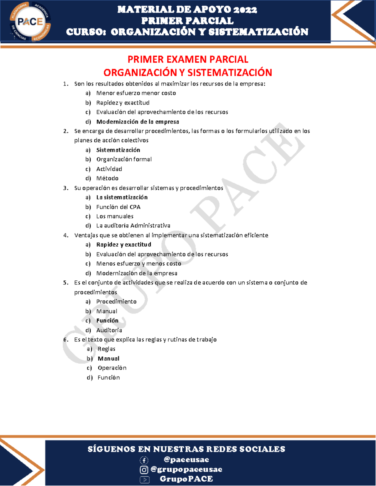 PACE Material Organización - PRIMER PARCIAL CURSO: ORGANIZACI”N Y ...