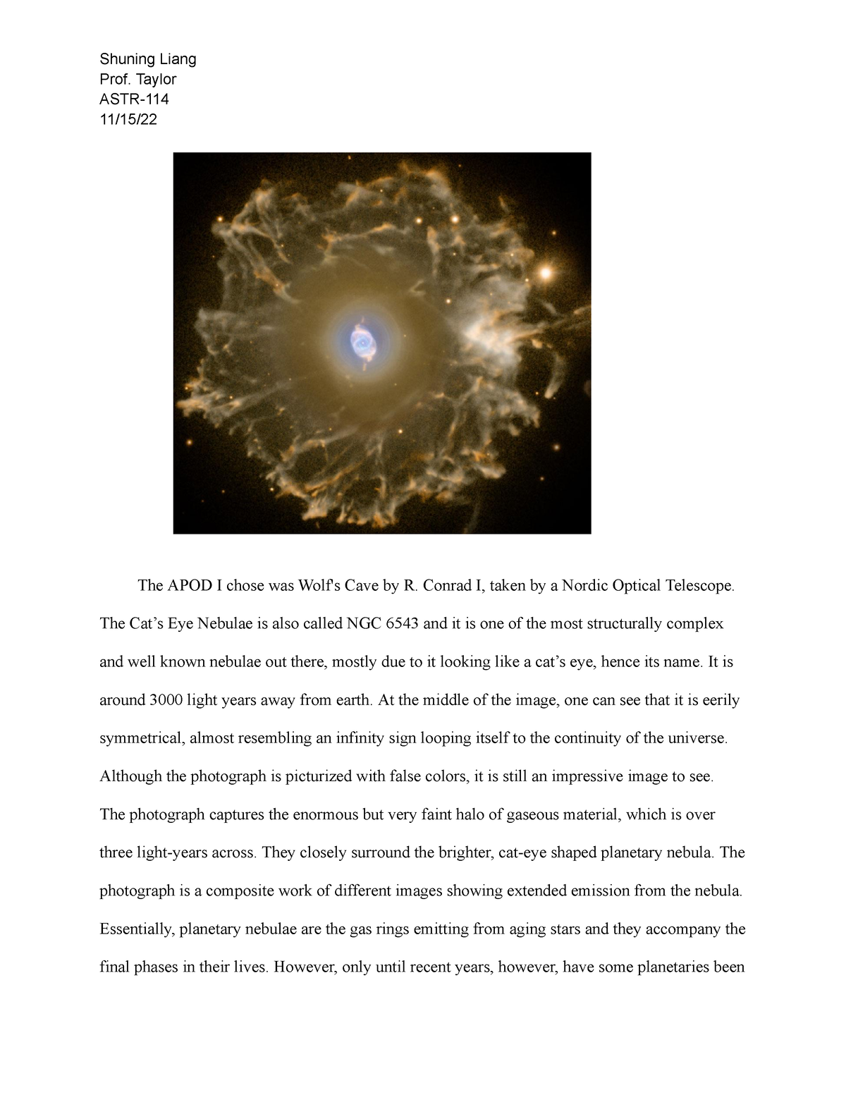 APOD Wolfs Cave Cat’s Eye Nebulae - Shuning Liang Prof. Taylor ASTR- 11 ...