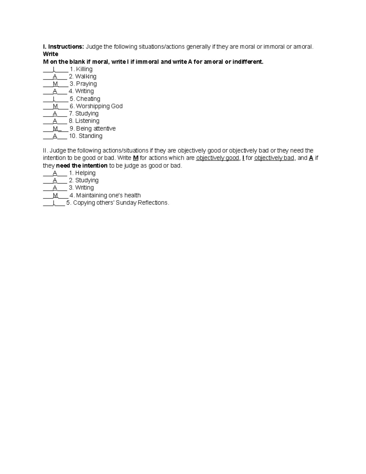 Moral OR Amoral - I. Instructions: Judge the following situations ...