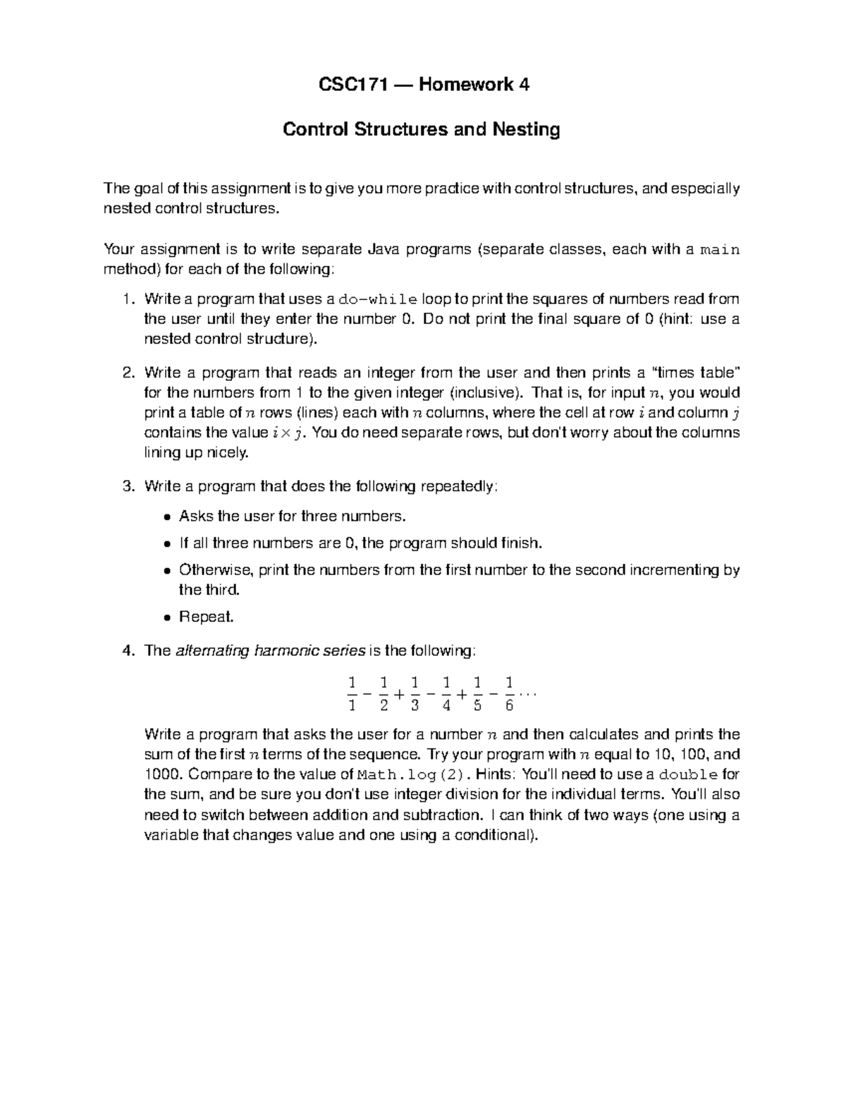 CSC171 Homework 04 - CSC171 — Homework 4 Control Structures and Nesting ...