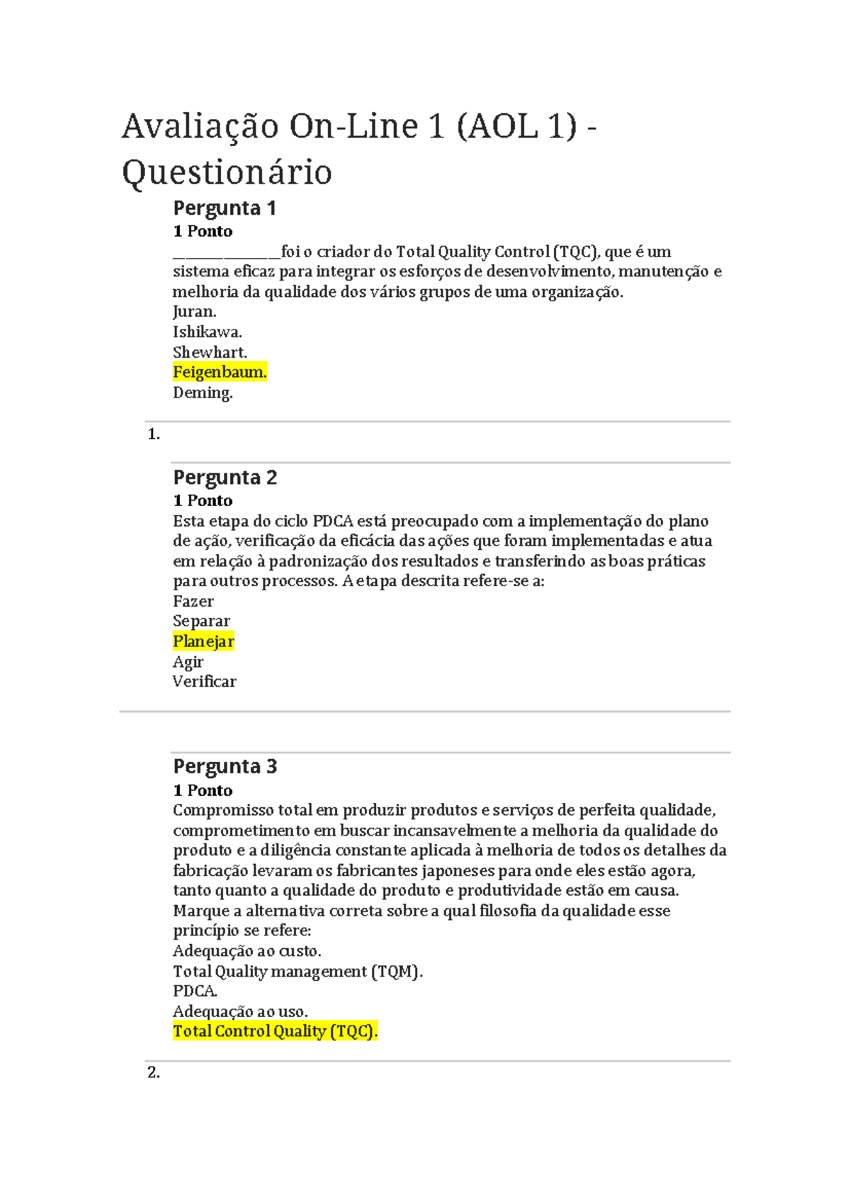 Exercicio On Lin -01 - Avaliação On-Line 1 (AOL 1) - Questionário ...