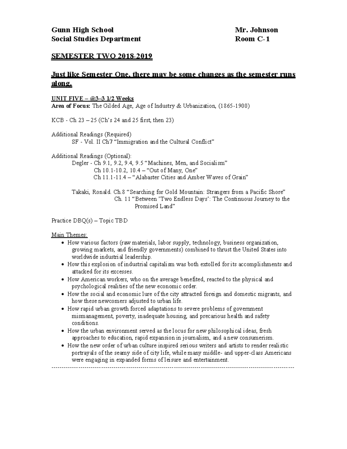 Semester 2 Reading Schedule Gunn High School Mr. Johnson Social