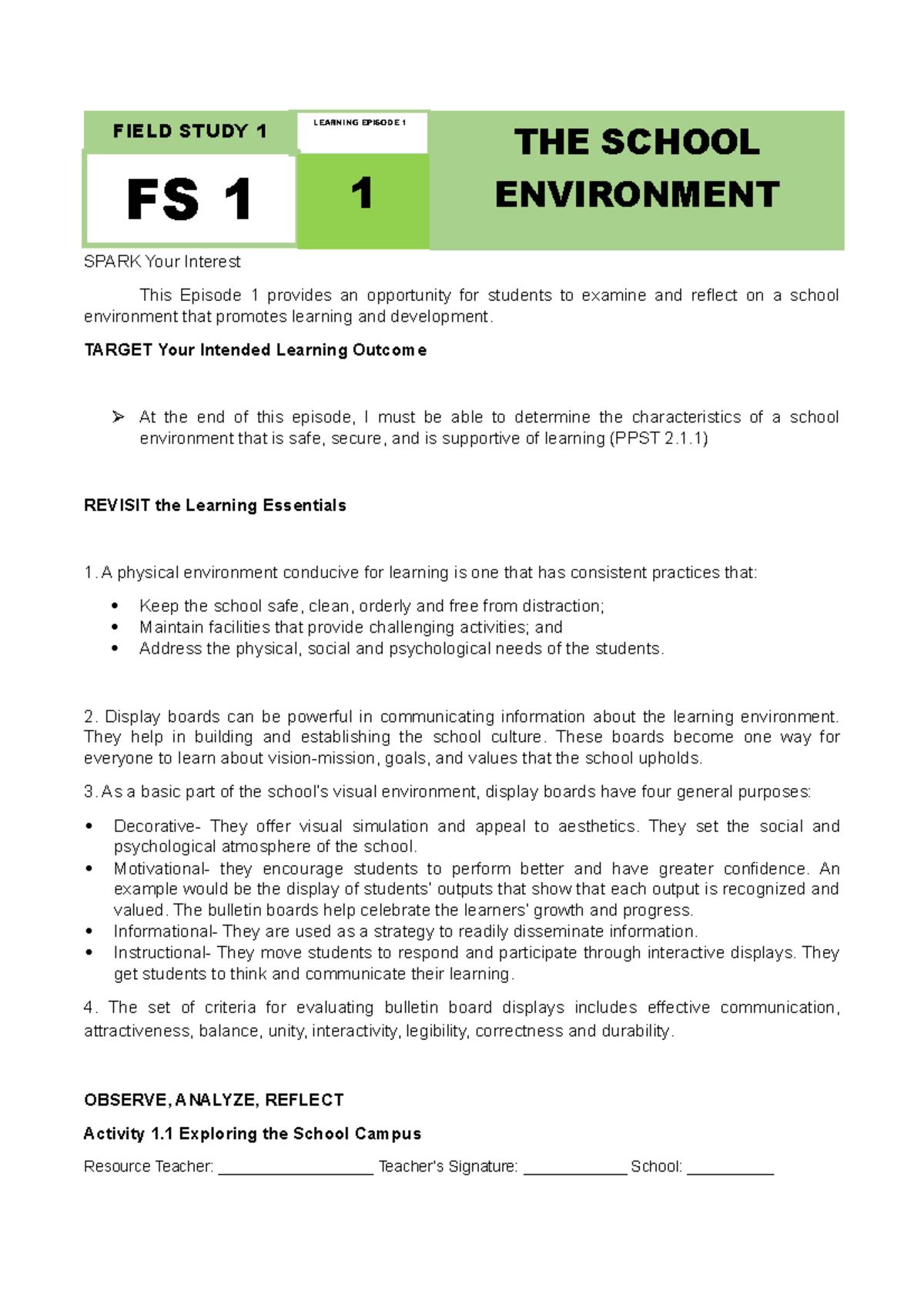 FS1-EP1 - BSEd Guide - FIELD STUDY 1 FS 1 LEARNING EPISODE 1 1 SPARK ...