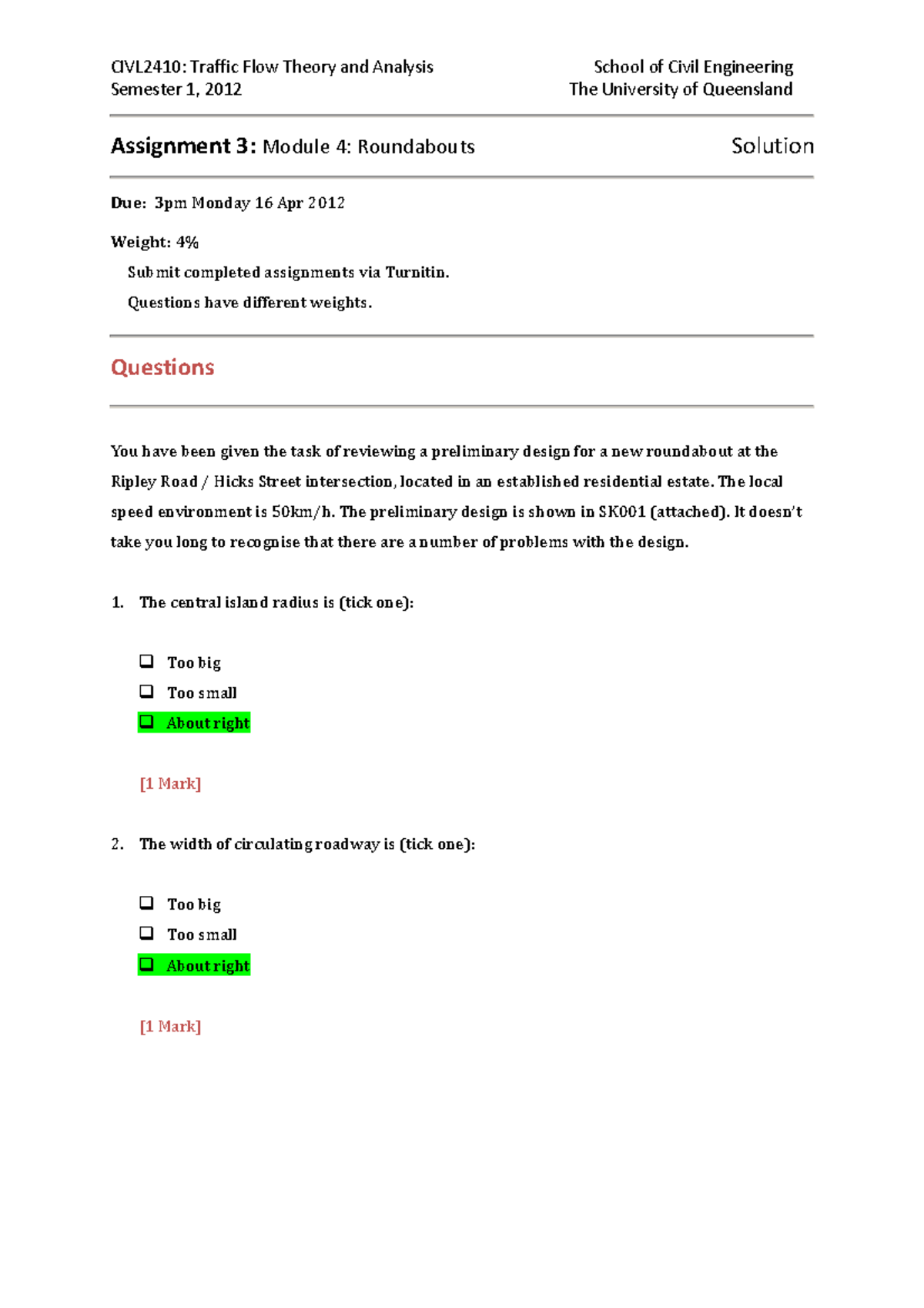 Tutorial work - 4 - module 4 assignment solutions - CIVL2410: Traffic ...