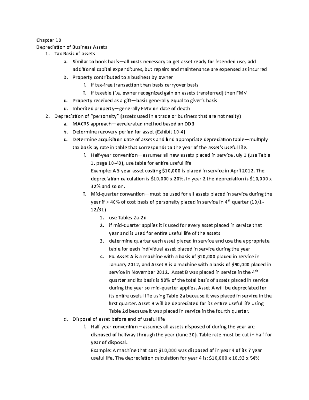 Chapter 10 Notes - Chapter 10 Depreciation of Business Assets 1. Tax ...