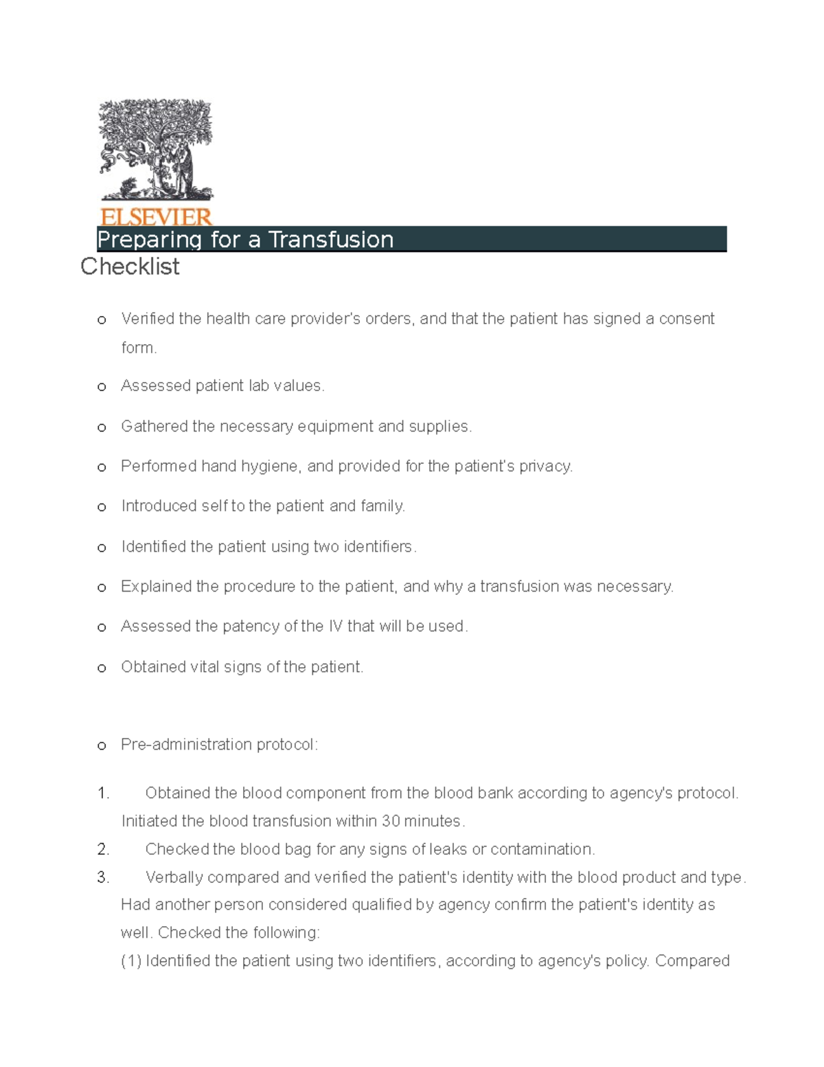 Preparing For A Blood Transfusion Checklist Elsevier F22 - Preparing ...