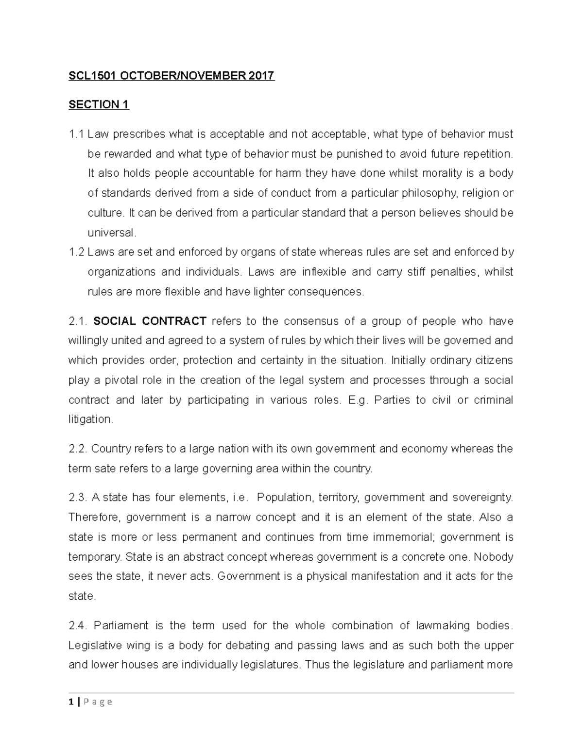 Exam October 2017, Questions And Answers - Scl1501 October November 