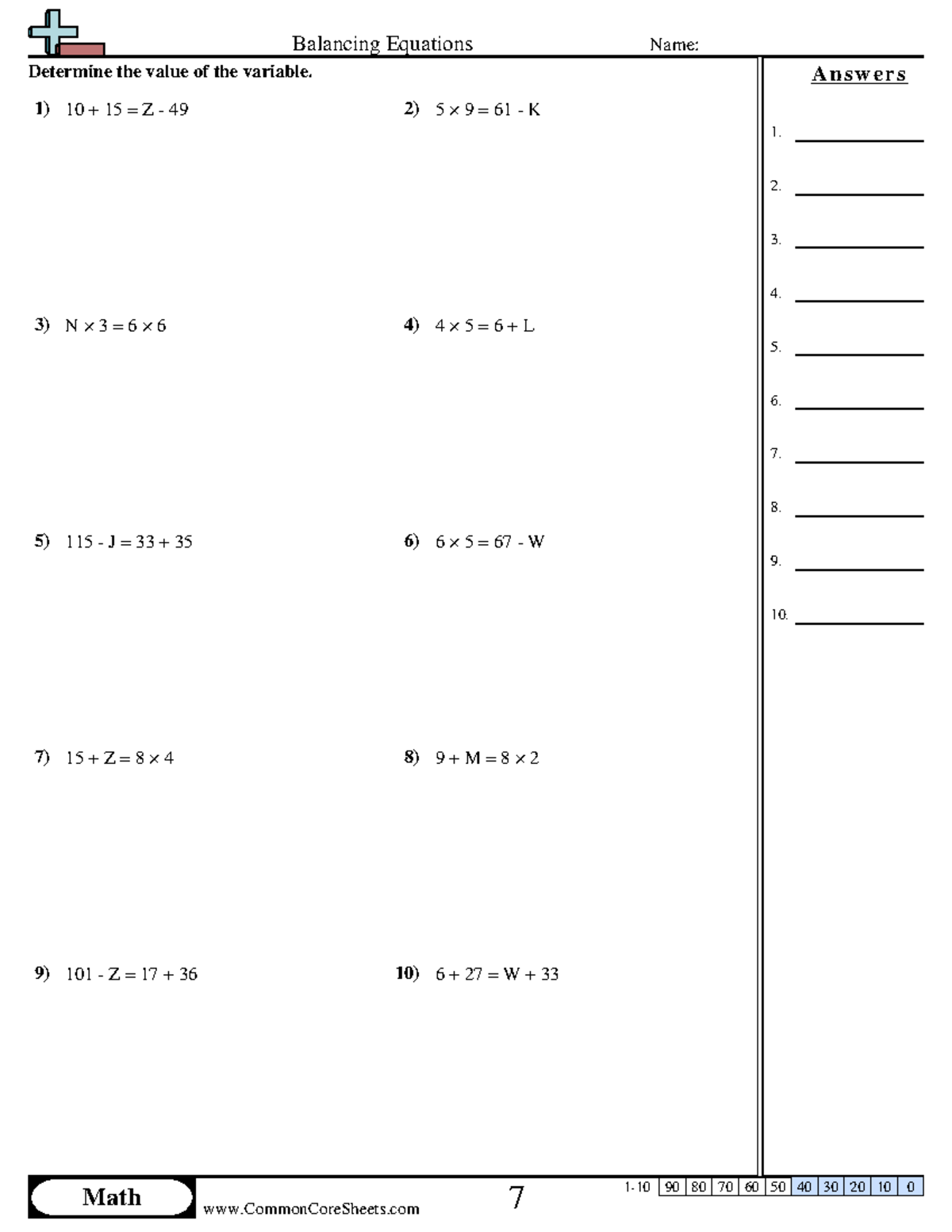 Balancing equations 2 - Balancing Equations Name: Answer Key Math ...