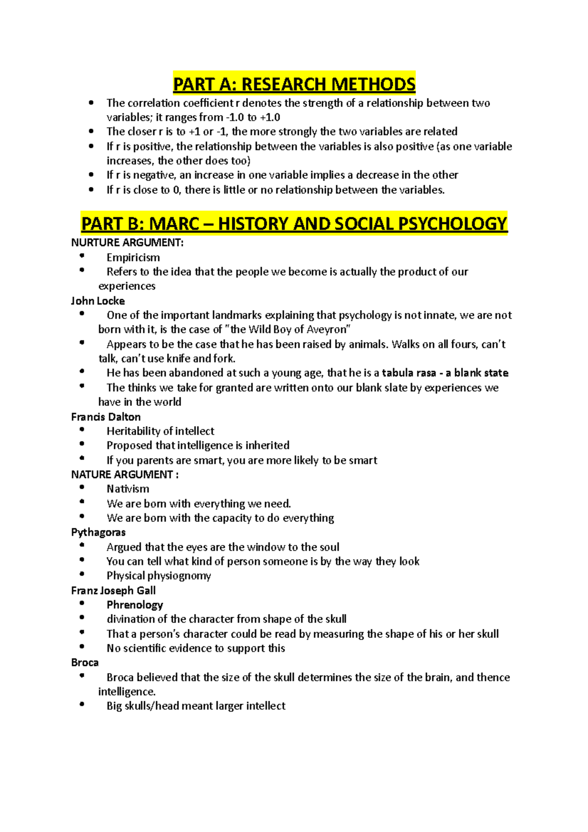 Psych EXAM Notes - PART A: RESEARCH METHODS The correlation coefficient ...