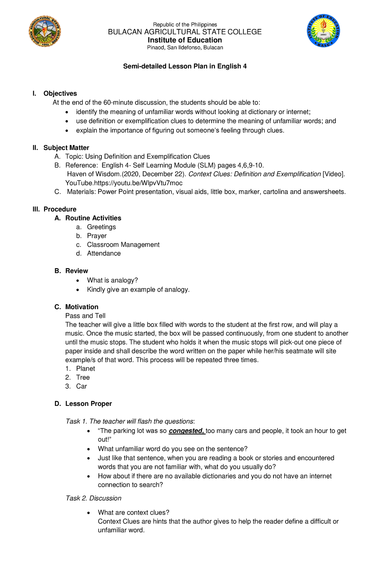 semi detailed lesson plan - Republic of the Philippines BULACAN ...