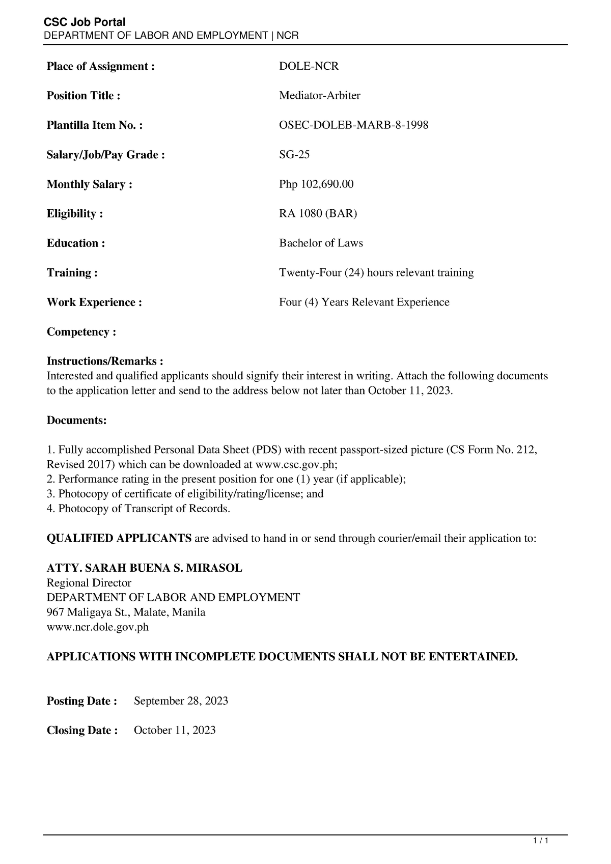 Department OF Labor AND Employment-Mediator-Arbiter 2 - CSC Job Portal ...