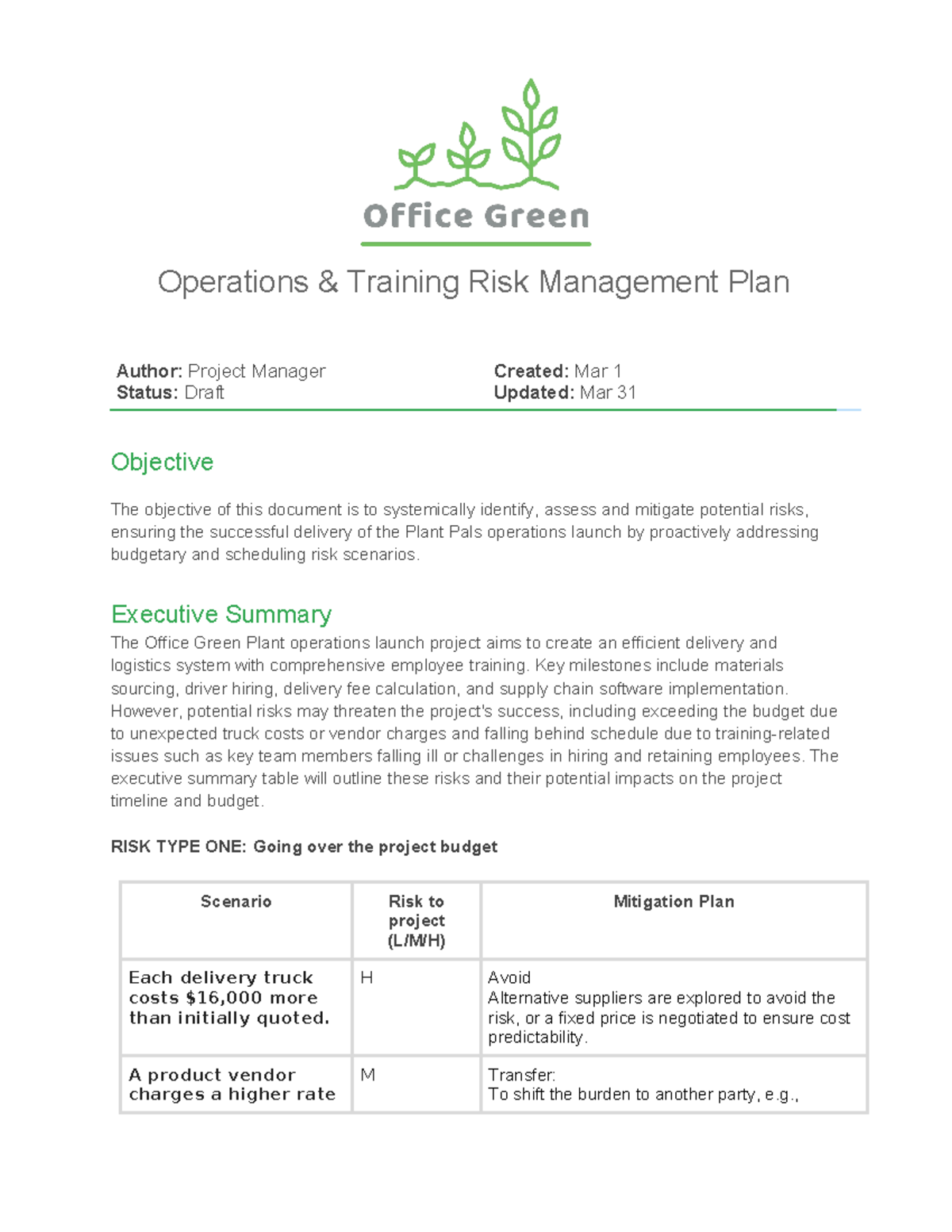 Risk Management Plan - Operations & Training Risk Management Plan ...