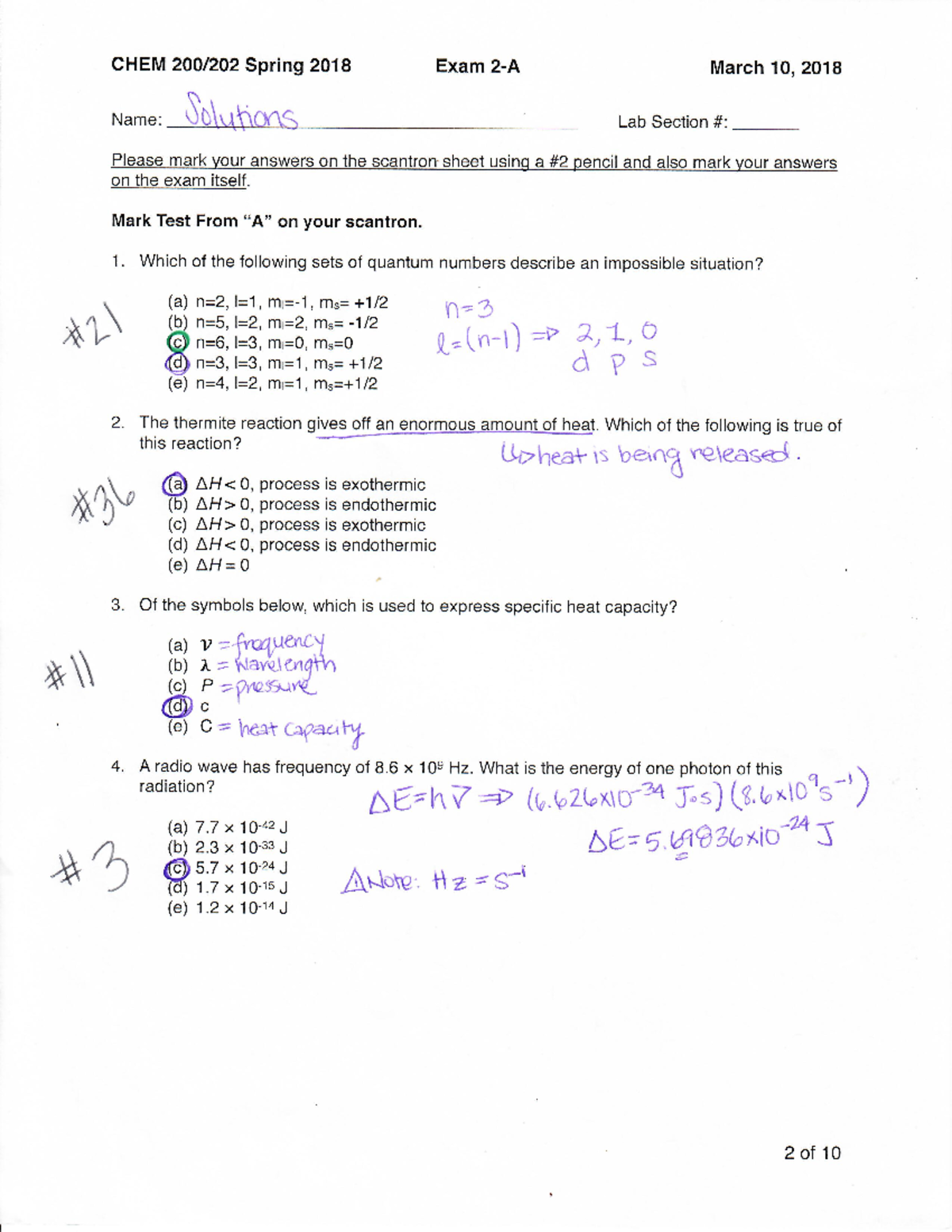 Exam22018 solution - sample - CHEM Spring 2018 Exam March 10, 2018 Name ...