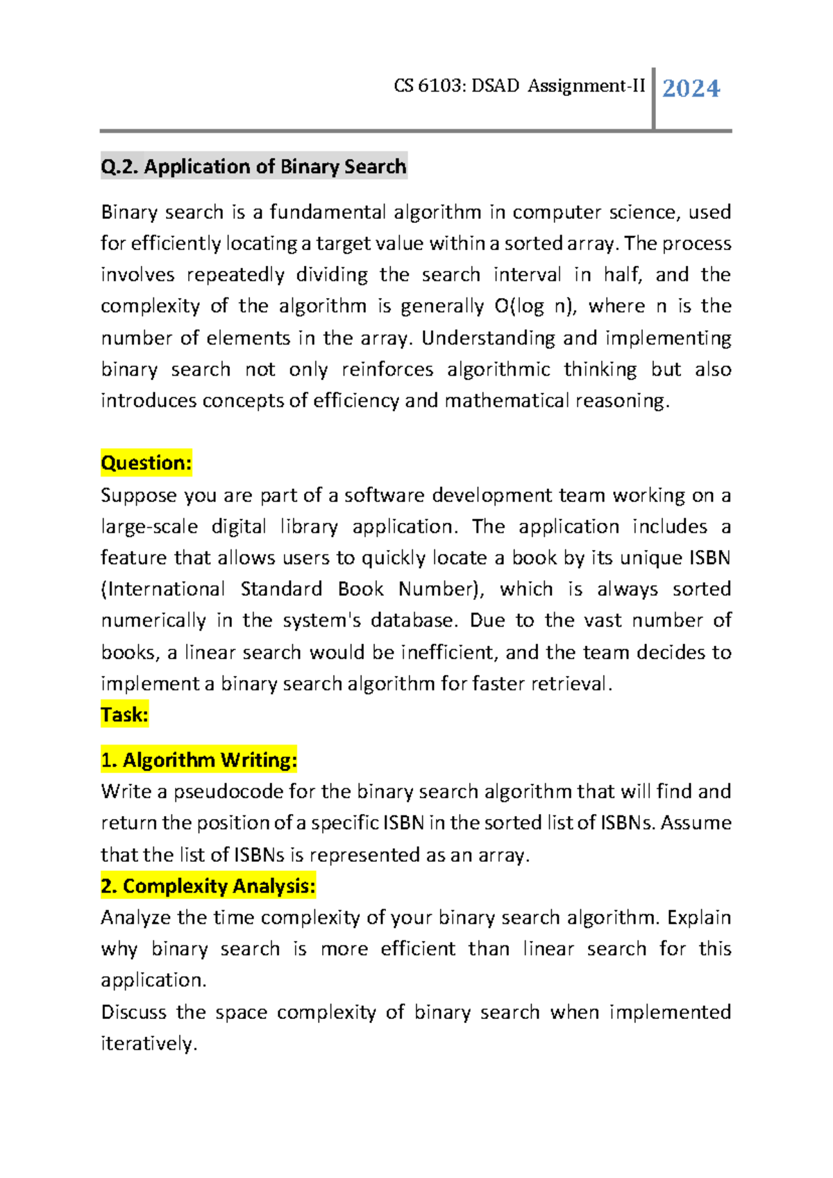 binary search in C++ - CS 6 103 : DSAD Assignment-II 2024 Q ...