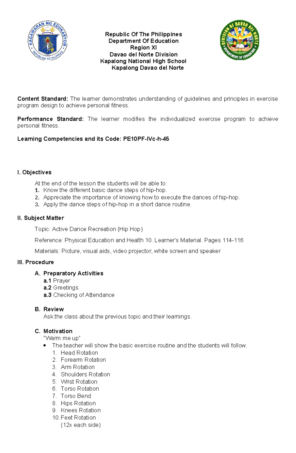 COT 3 - PE Lesson Plan - Republic Of The Philippines Department Of ...