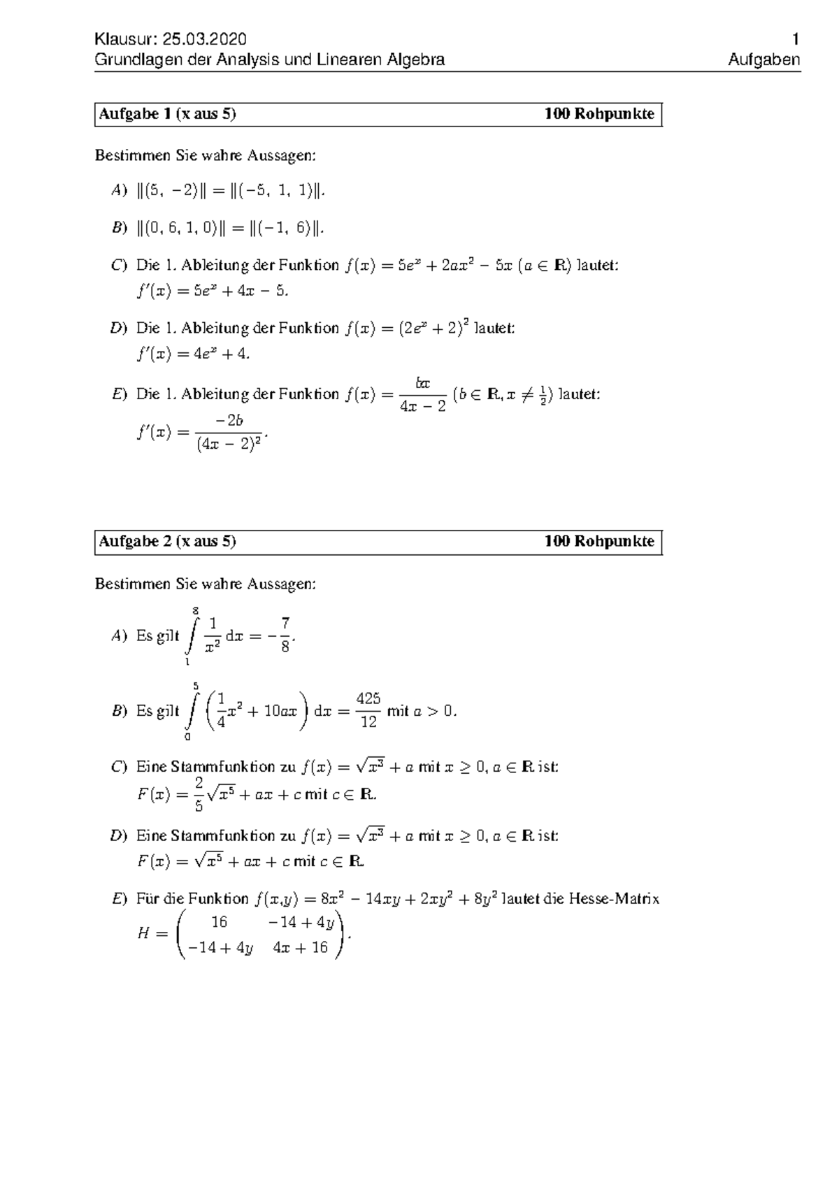 Lineare Algebra 1 Klausur Klausur 2020 Grundlagen der Linearen Algebra und Analysis - Grundlagen