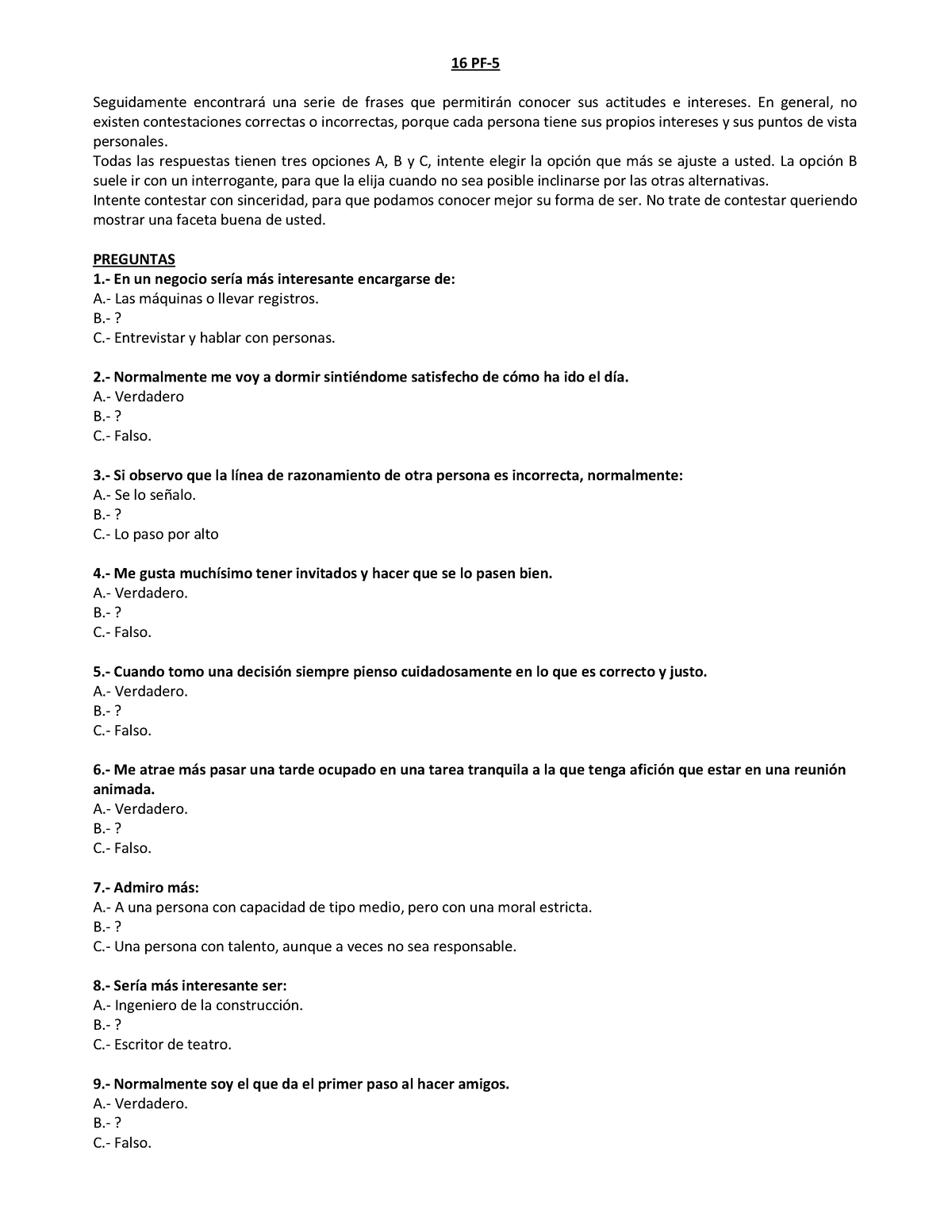 16PF Cuadernillo - 16 PF- Seguidamente Encontrará Una Serie De Frases ...